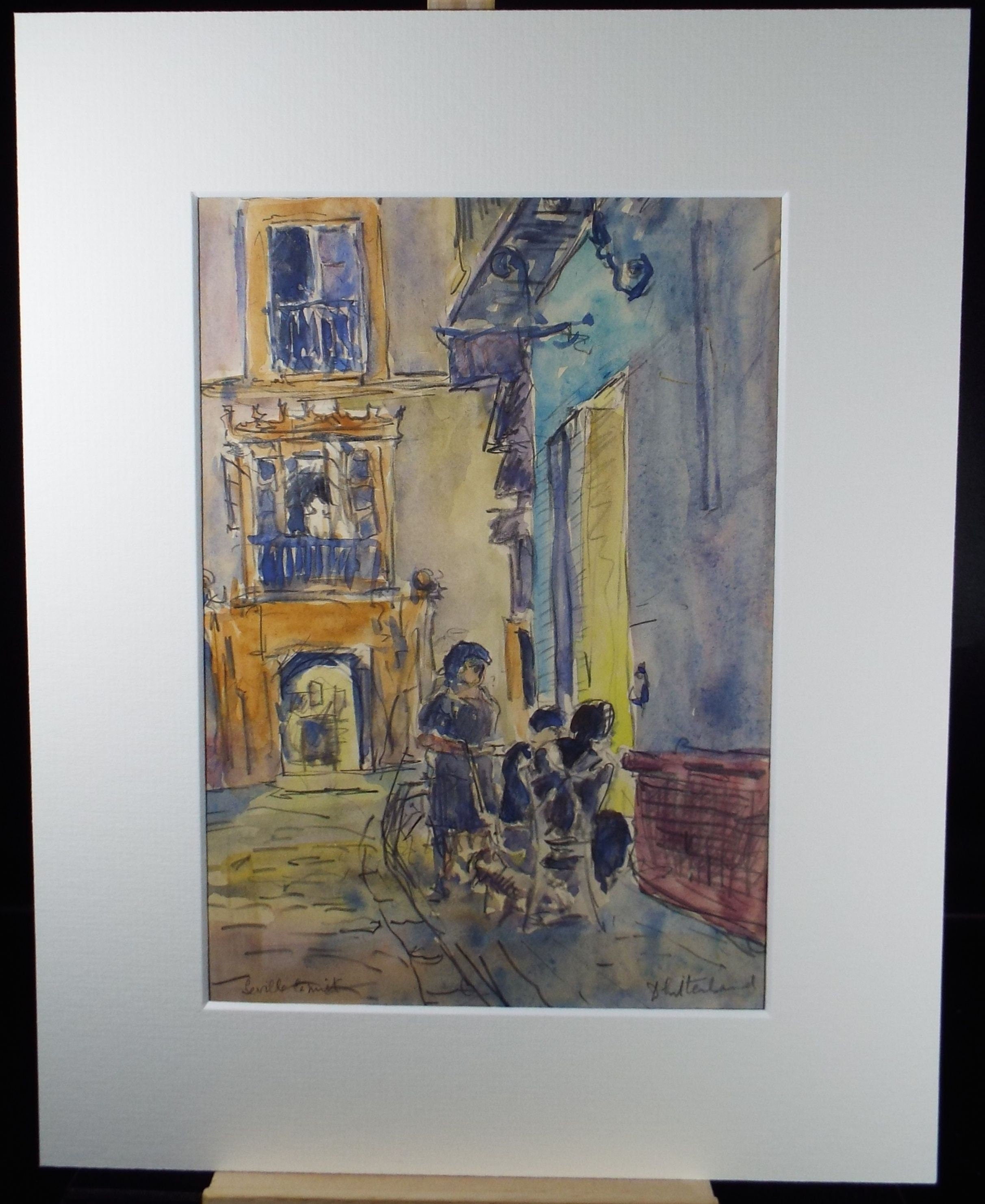 Original Watercolour & Conte, 'Seville Street Scene', circa 1990's, Dorothy Litherland