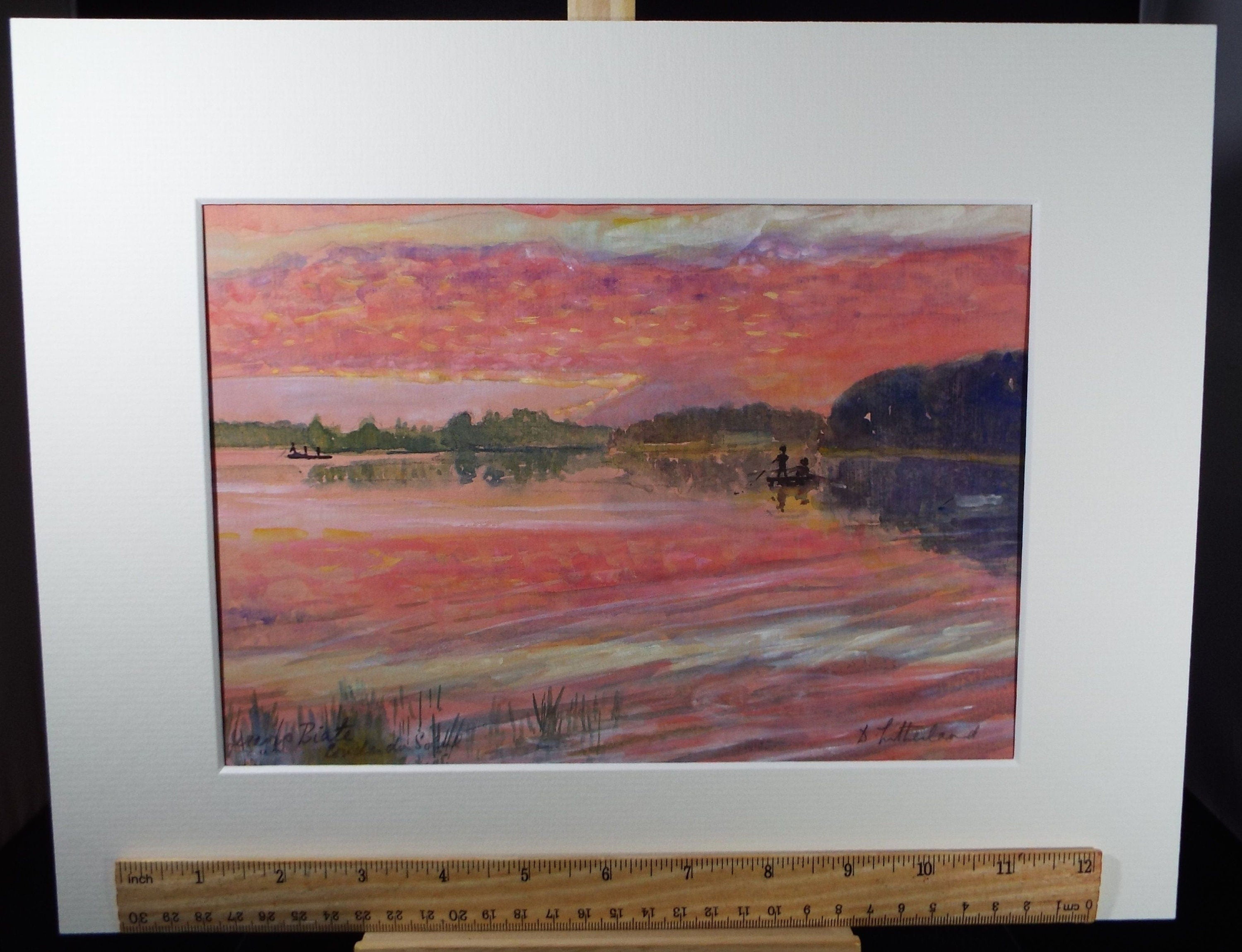 Original Watercolour on Paper, 'Fishing at Sunset' circa 1980's, Dorothy Litherland