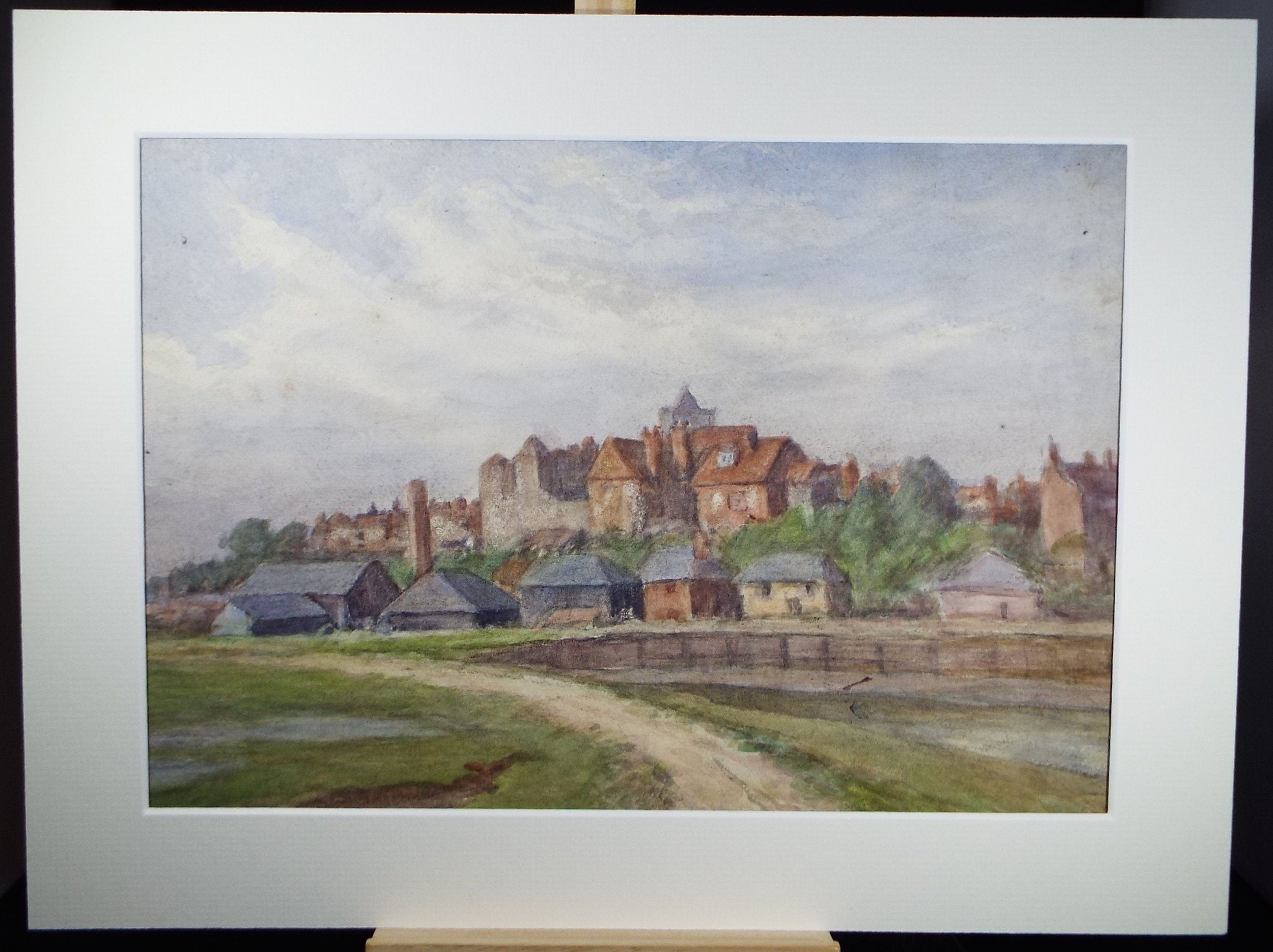 Original Watercolour on Paper, 'Riverside Town ', Circa 1930's,  Artist Unknown