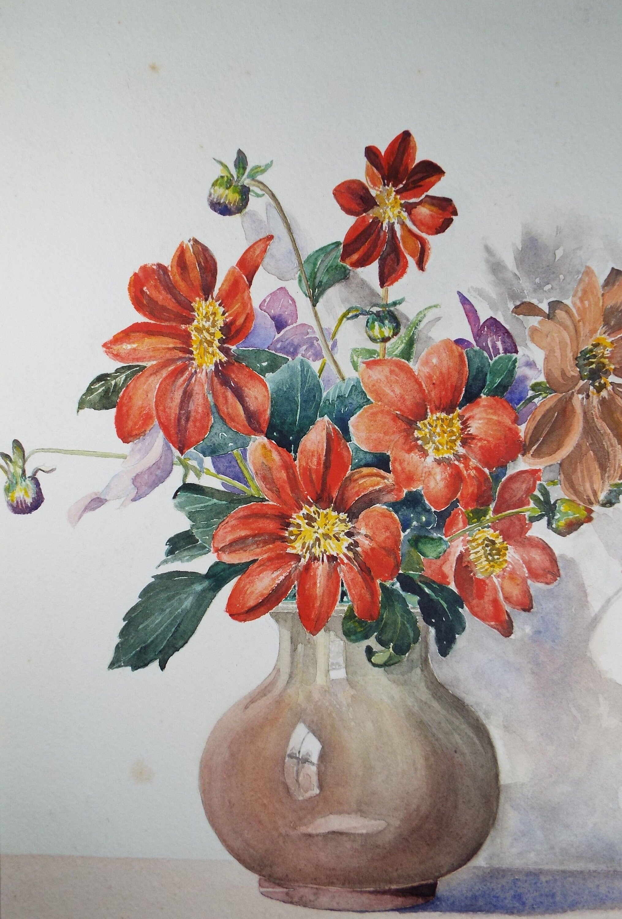 Original Watercolour, 'Still Life of Dahlias', Circa 1930's, Indistinctly Signed