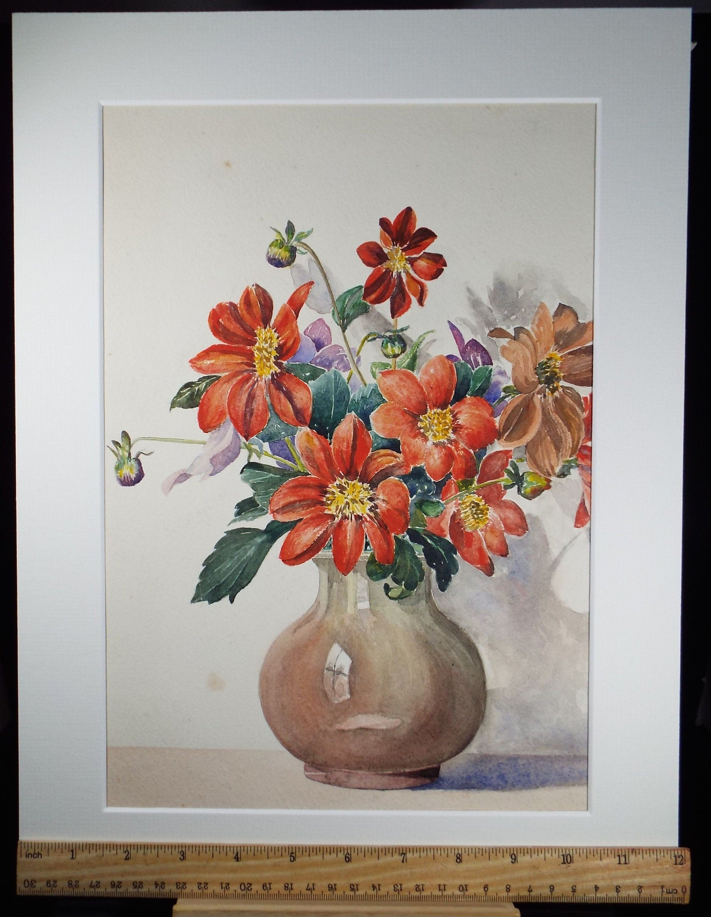 Original Watercolour, 'Still Life of Dahlias', Circa 1930's, Indistinctly Signed