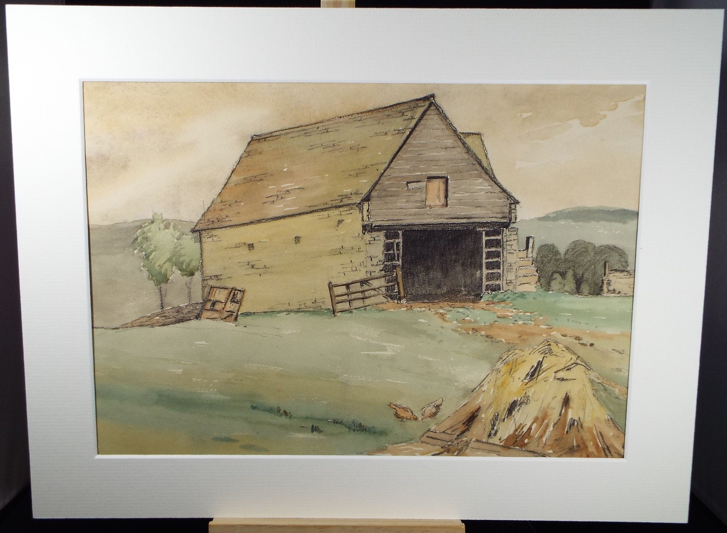 Original Charcoal & Watercolour, 'A Barn', Circa 1930's , Frank Harold Read FRPS (1881-1960)