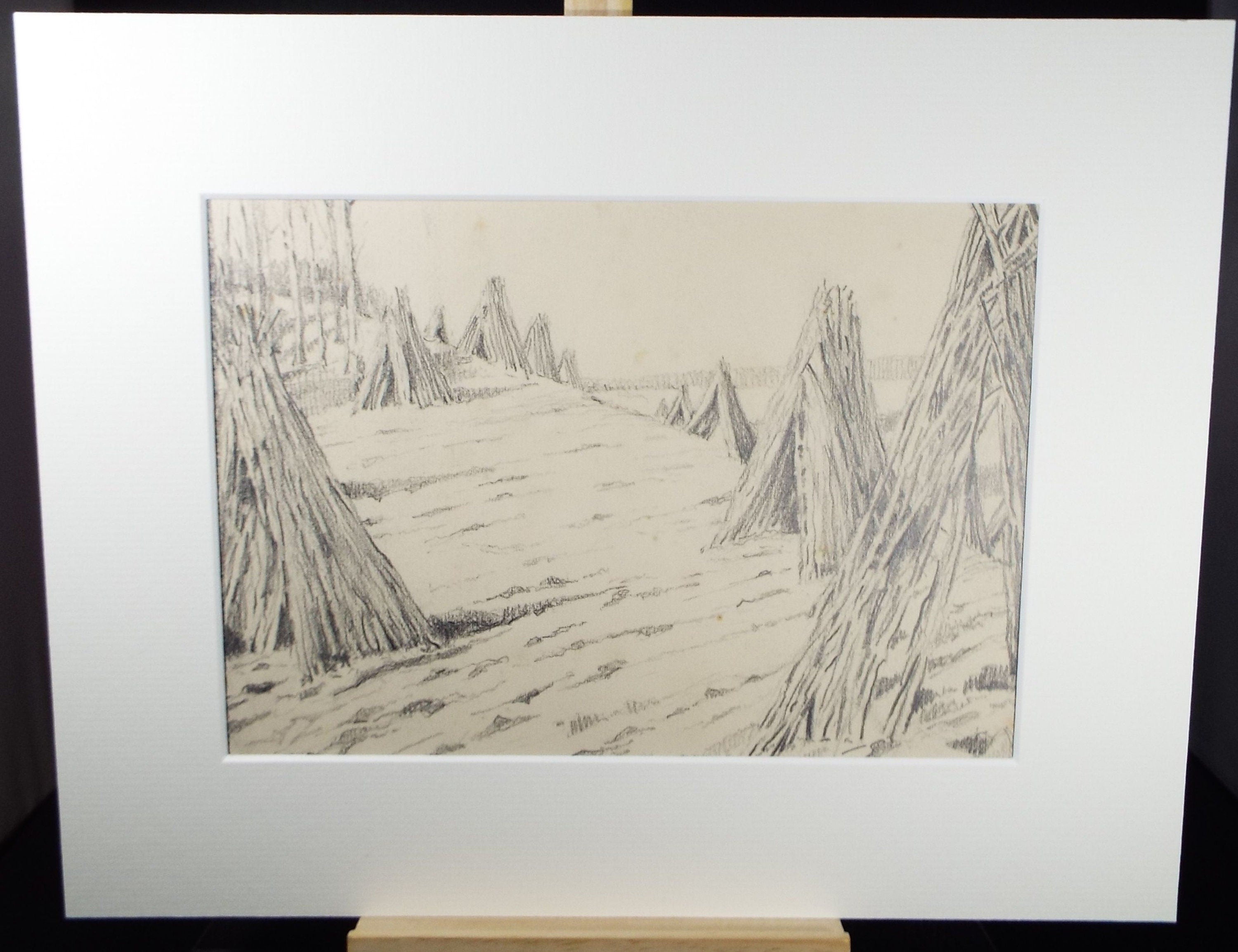 Original Pencil Drawing, 'Corn Stooks', Circa 1930's, Frank Harold Read (1881-1960)