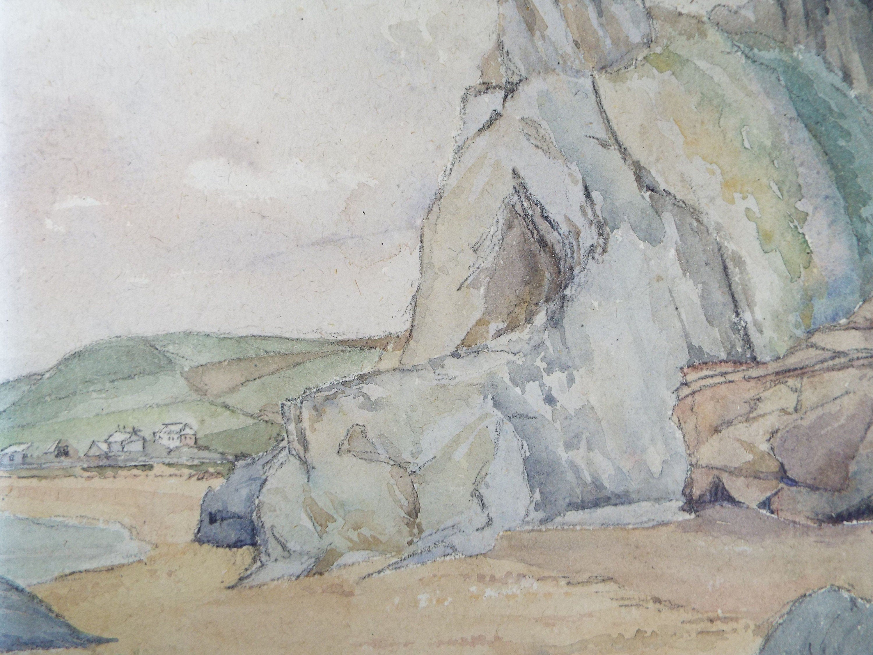 Original Charcoal & Watercolour, 'Rocky Sea Cliffs with distant village', Circa 1930's , Frank Harold Read FRPS (1881-1960)