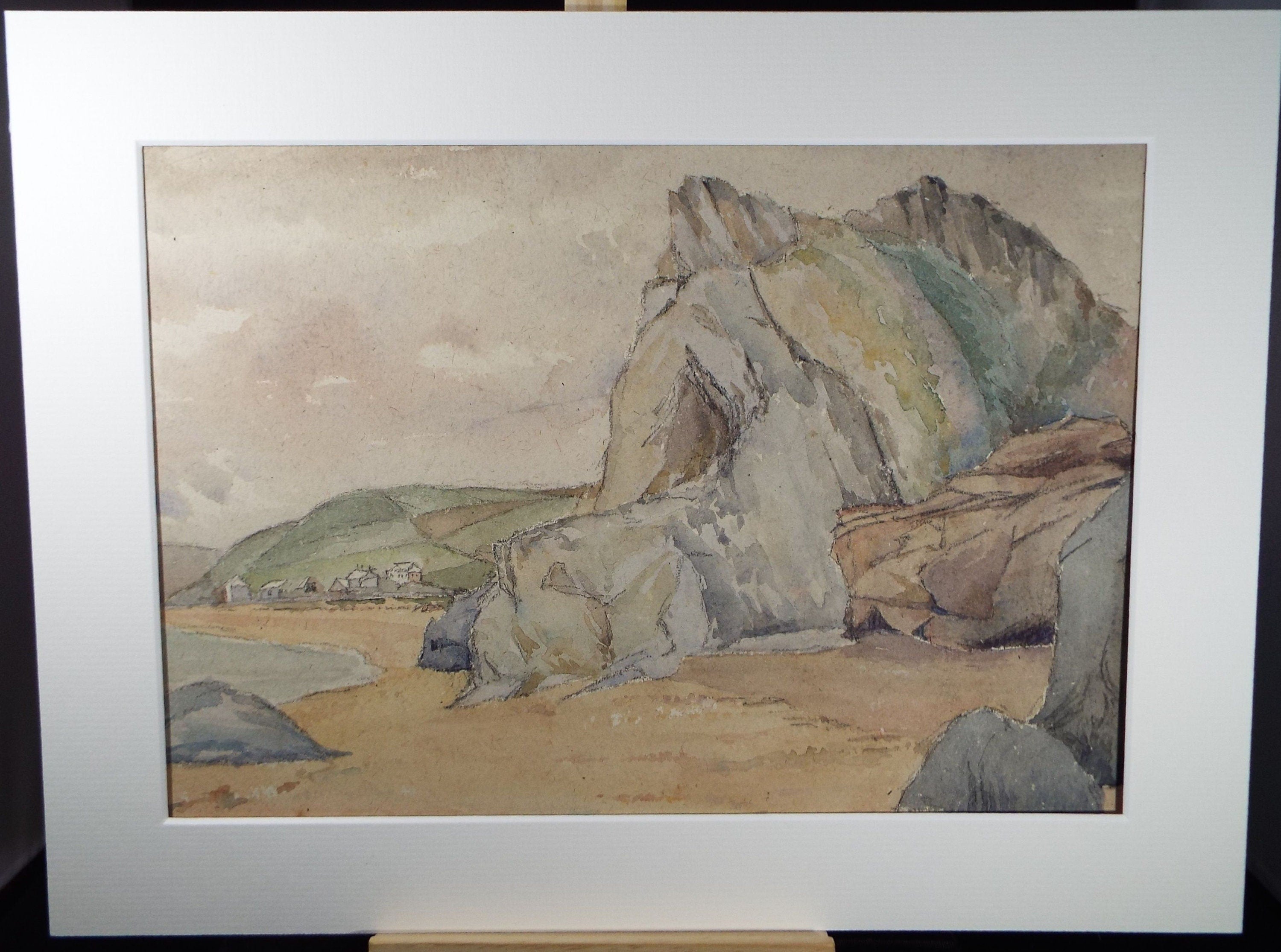 Original Charcoal & Watercolour, 'Rocky Sea Cliffs with distant village', Circa 1930's , Frank Harold Read FRPS (1881-1960)