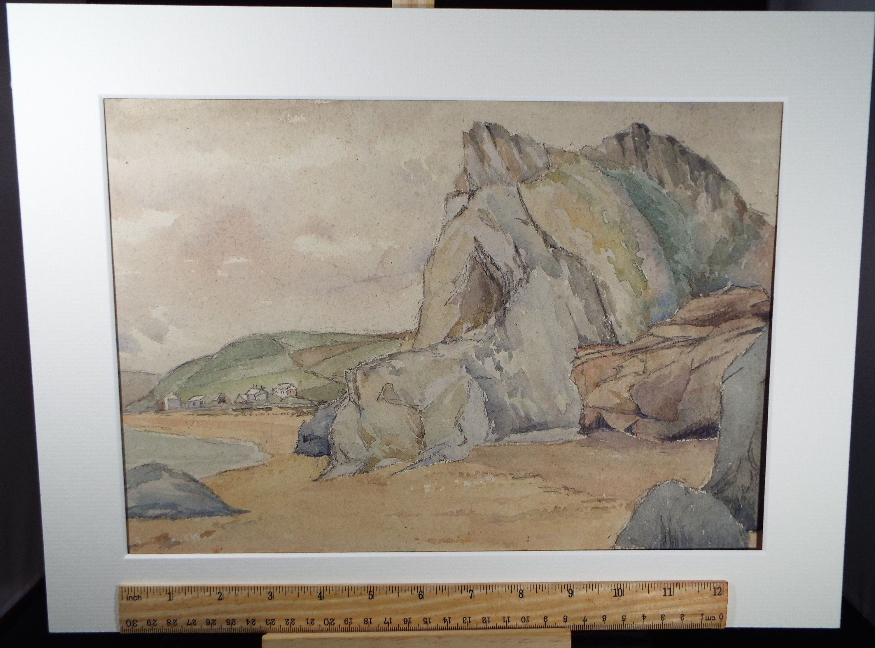 Original Charcoal & Watercolour, 'Rocky Sea Cliffs with distant village', Circa 1930's , Frank Harold Read FRPS (1881-1960)