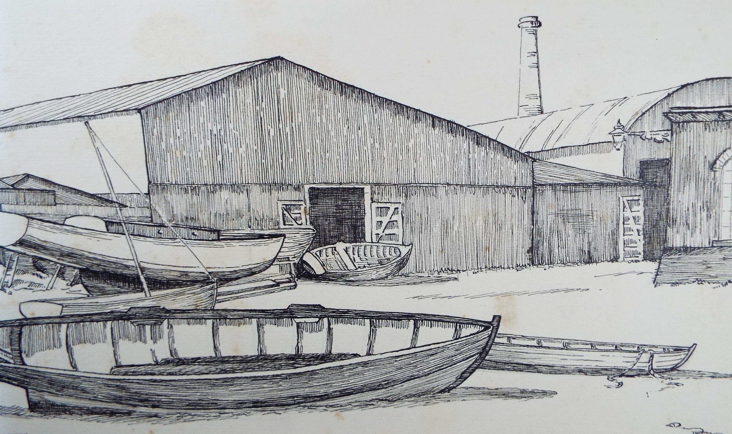 Original Pen & Ink 'A Boat Yard', Circa 1930's , Frank Harold Read FRPS (1881-1960)