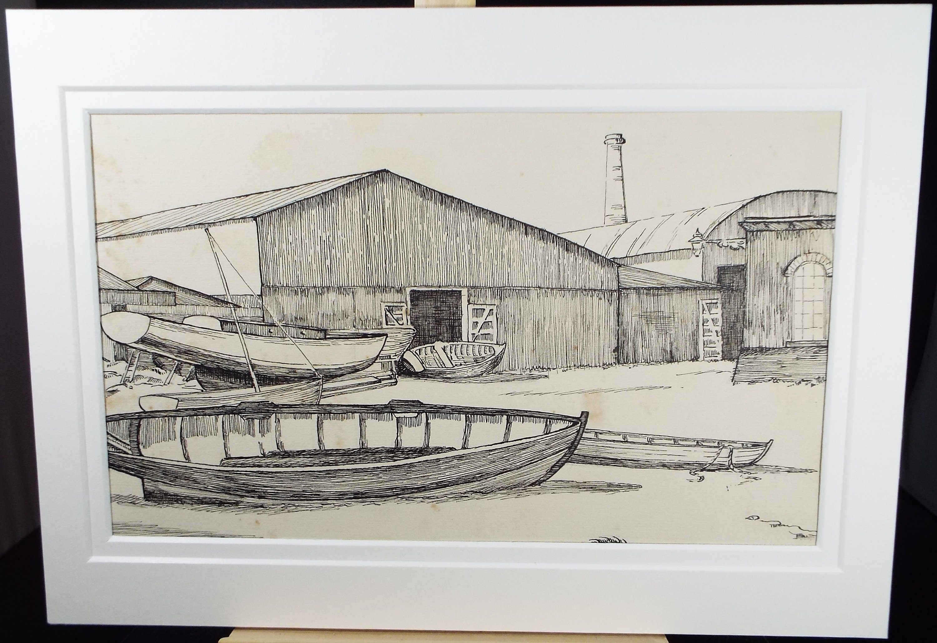 Original Pen & Ink 'A Boat Yard', Circa 1930's , Frank Harold Read FRPS (1881-1960)