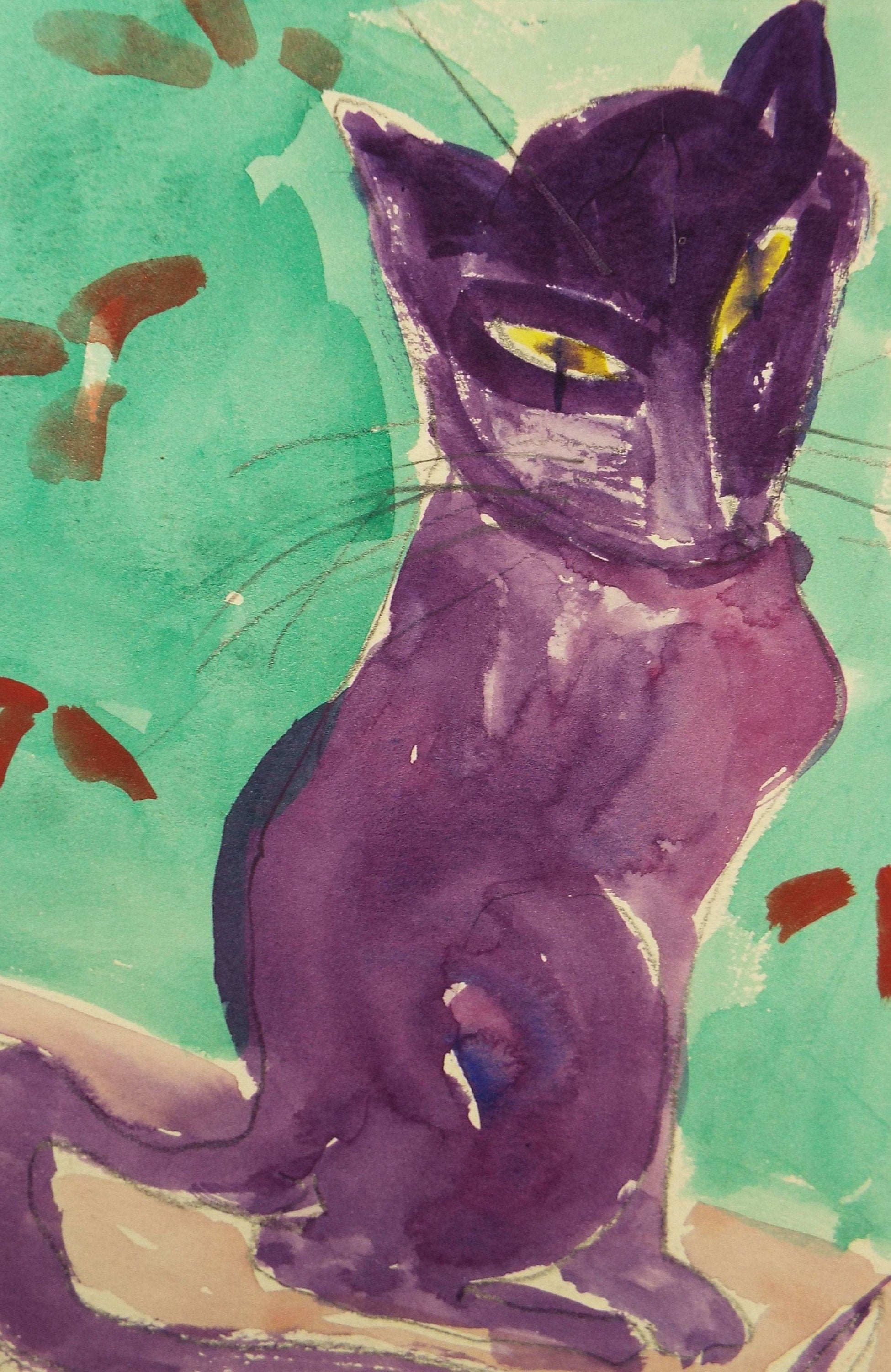 Barbara Karn (b1949) Original watercolour ,'Study of a cat - Violet', Circa 2002, Signed & inscribed below the mount