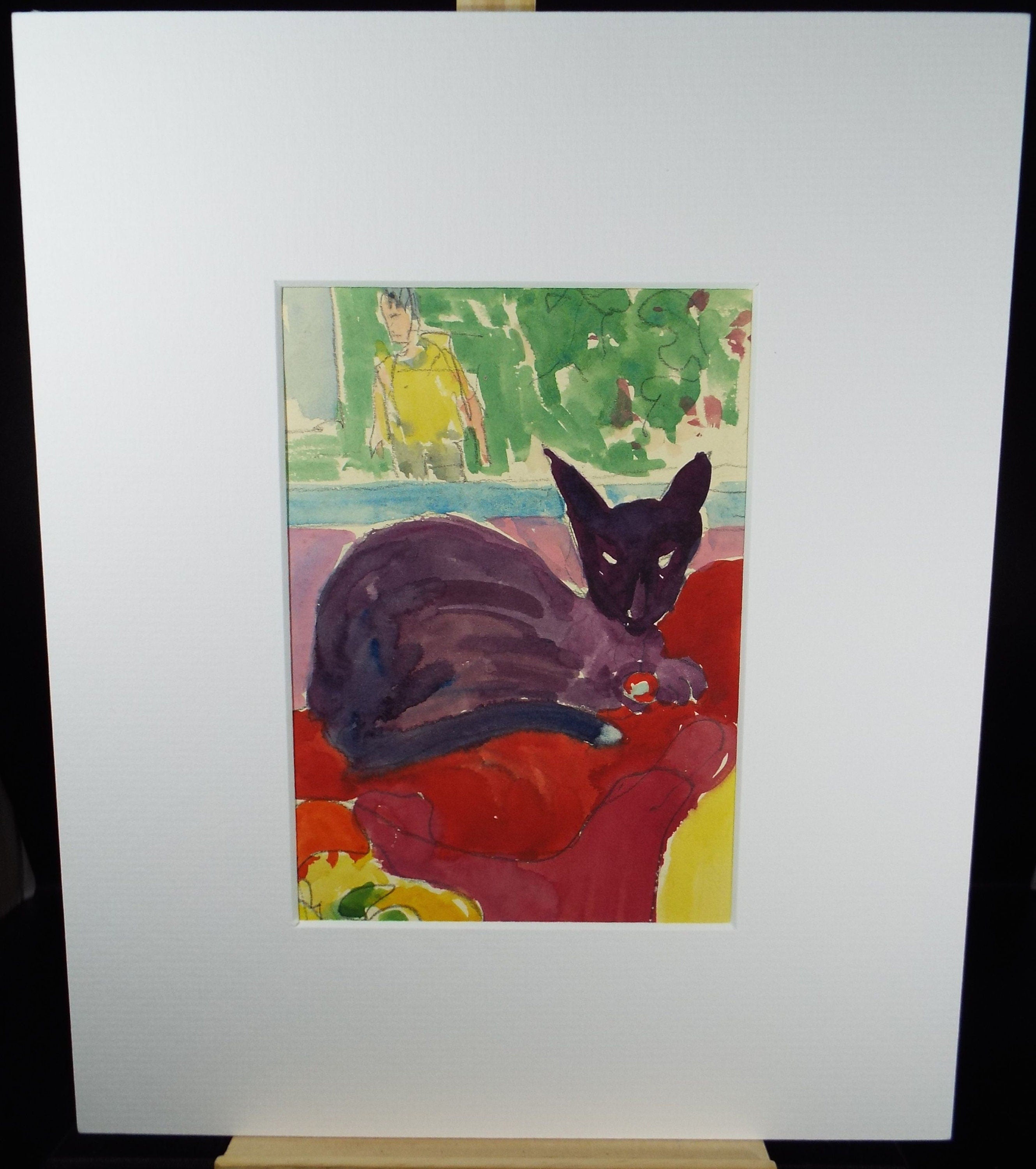 Barbara Karn (b1949) Original watercolour ,'Study of a cat - at rest or with a cold', Circa 2002, Signed & inscribed below the mount