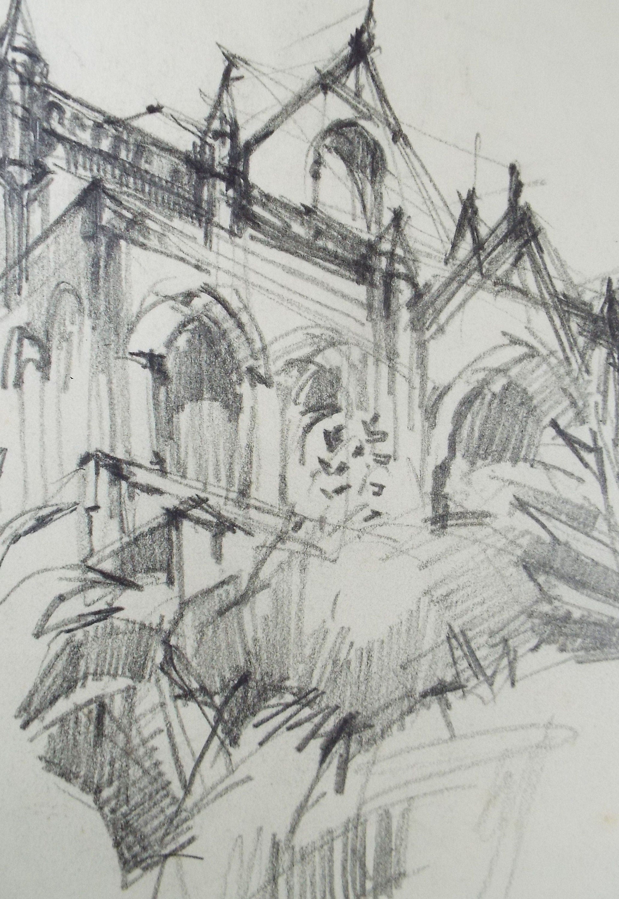 Original Pencil  Drawing, 'Abbey Study' circa 1980's, Douglas Pittuck (1911-1993)