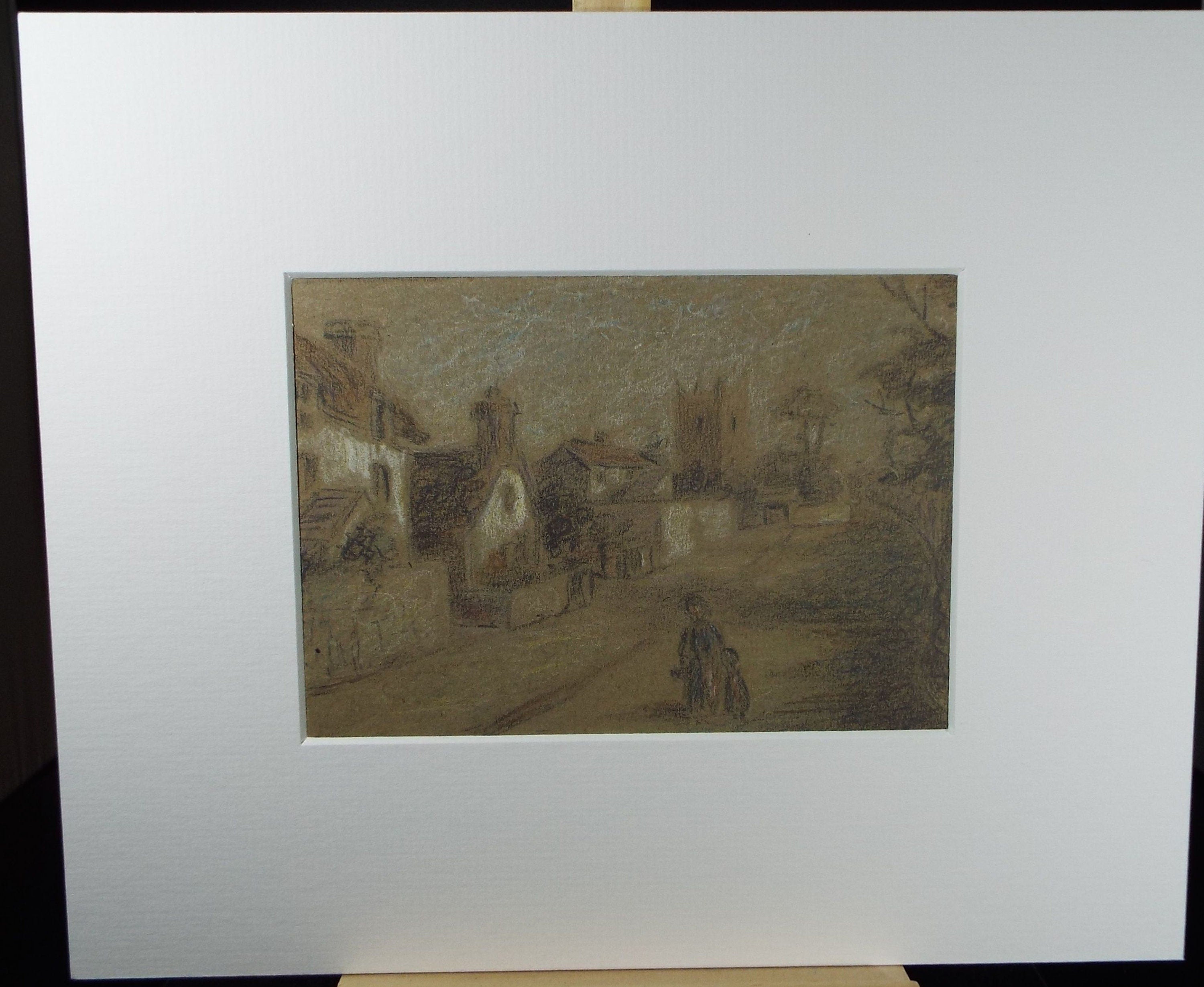 Original Pastel & Chalk, 'Village Scene', Circa 1920's ,Artist Unknown