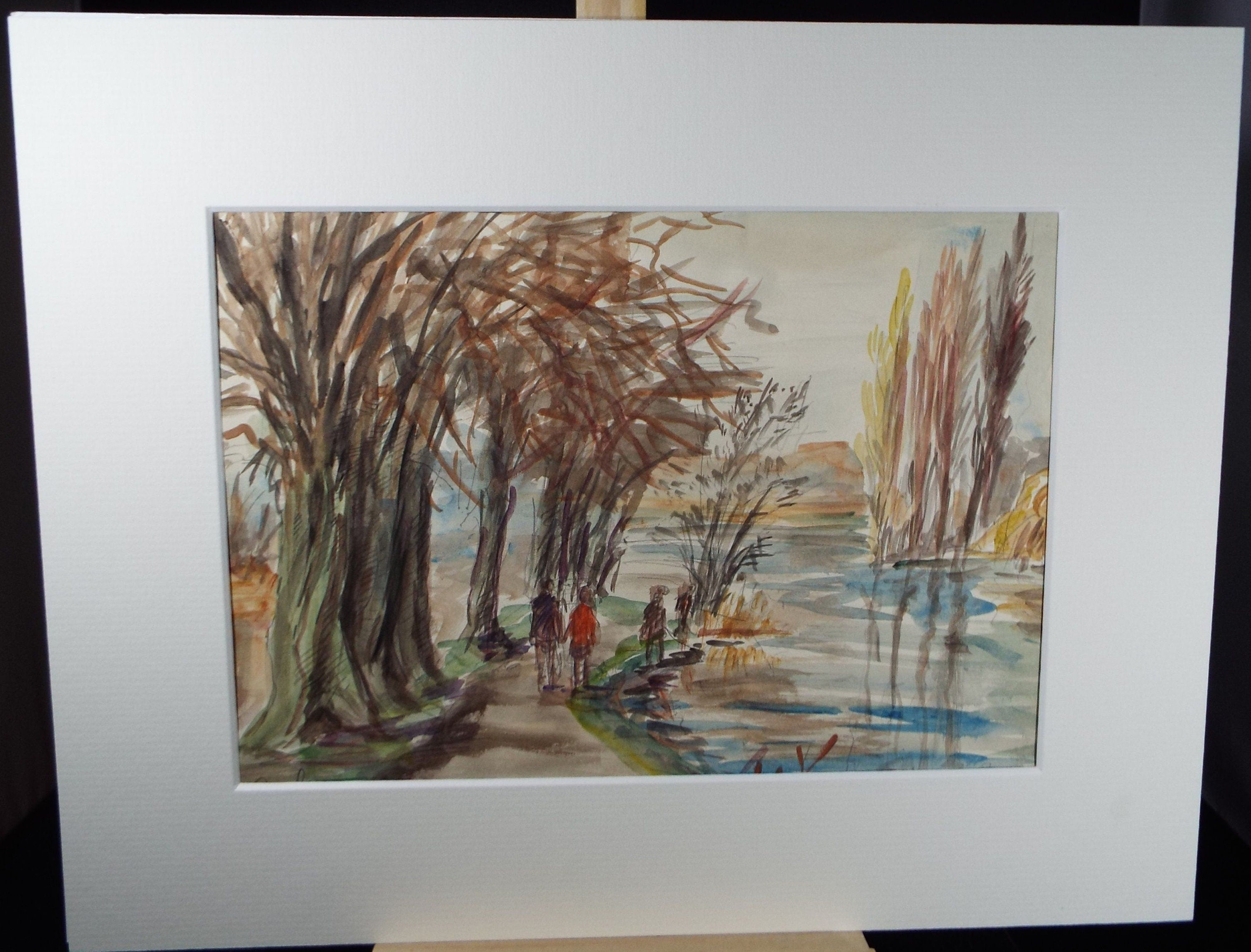 Original Watercolour, 'Riverside Walk' Circa 1960's, Signed Pooley