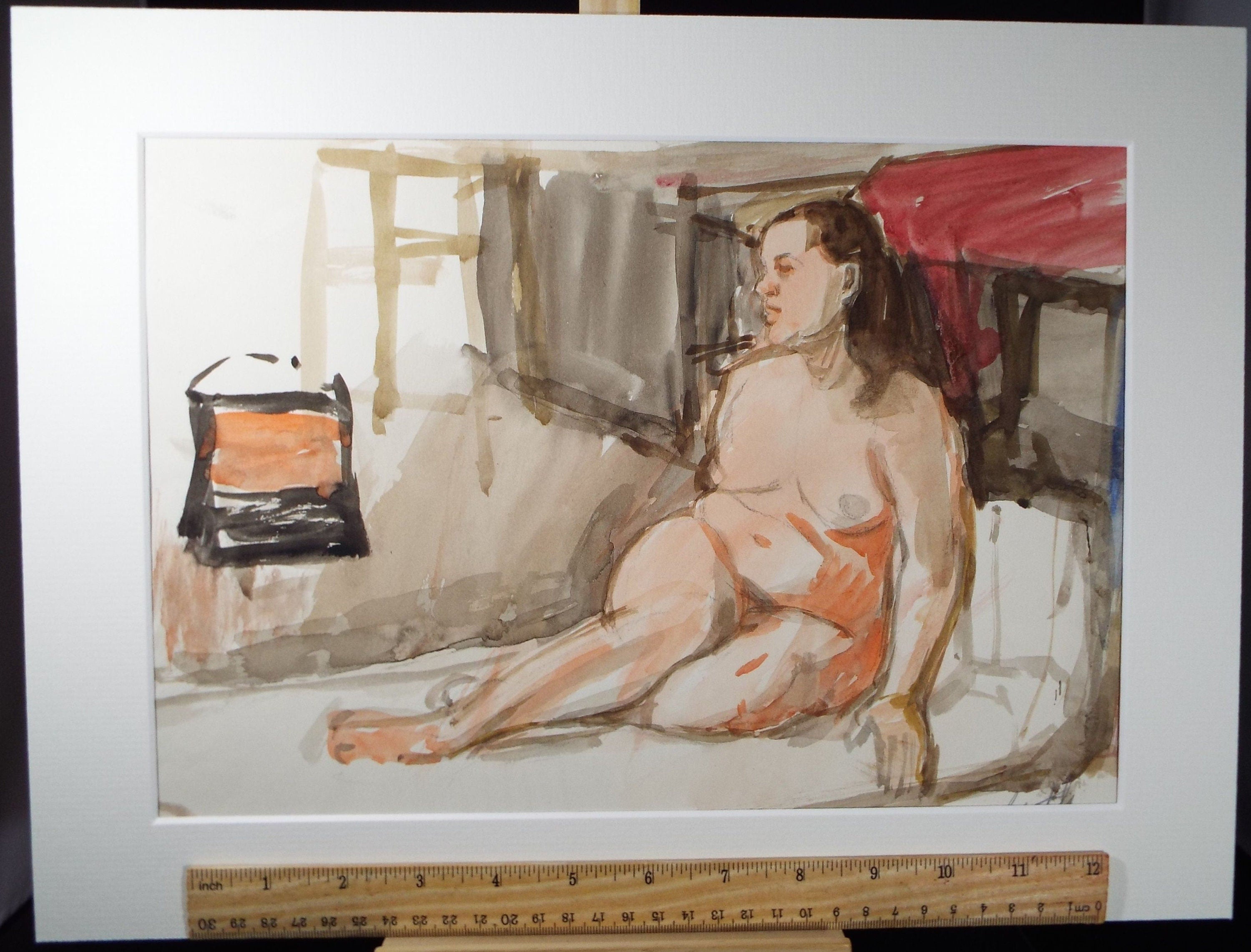 Original Pastel & Gouache ,'Seated Nude on a Bed', Circa 1960's , Signed Gentile