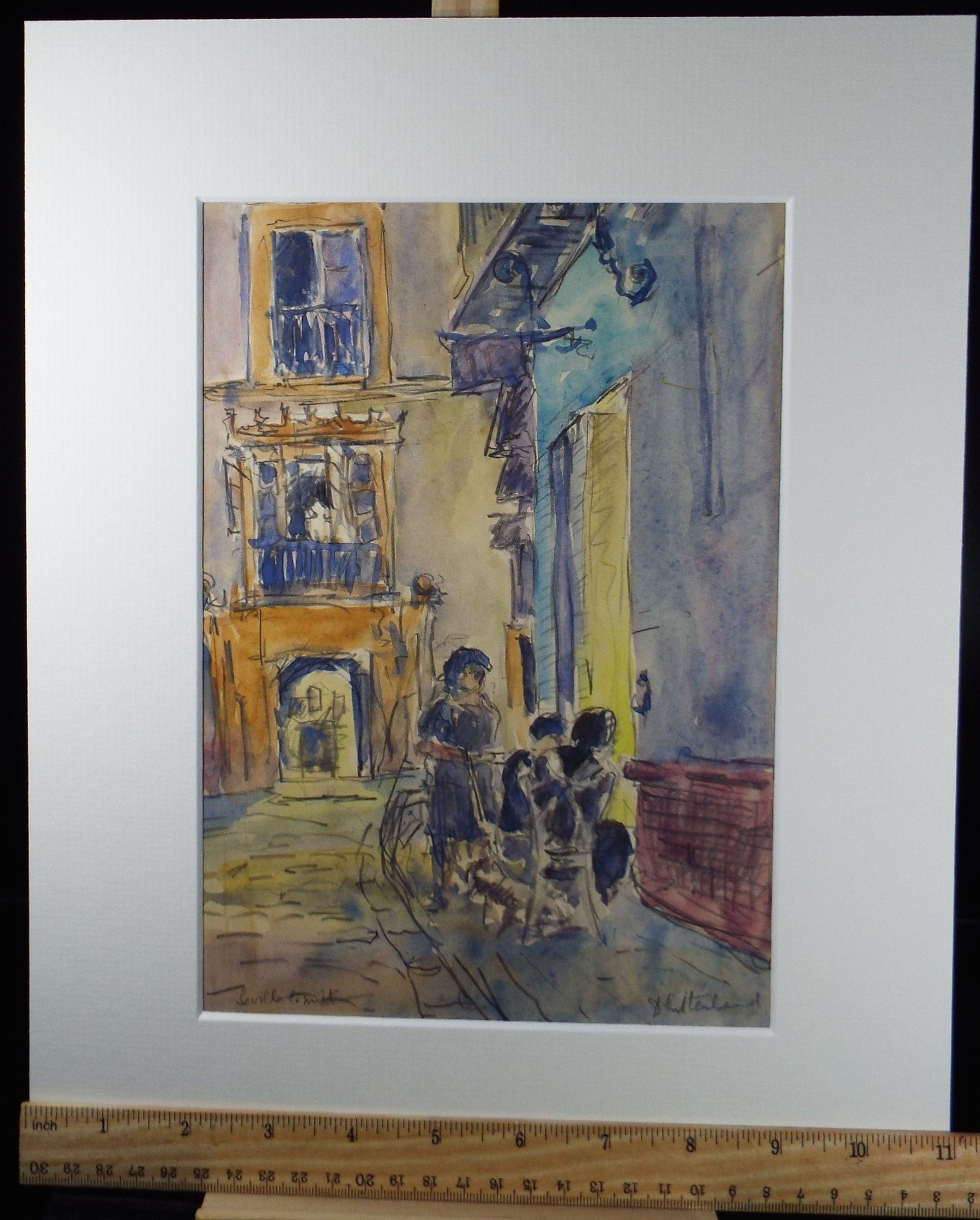 Original Watercolour & Conte, 'Seville Street Scene', circa 1990's, Dorothy Litherland