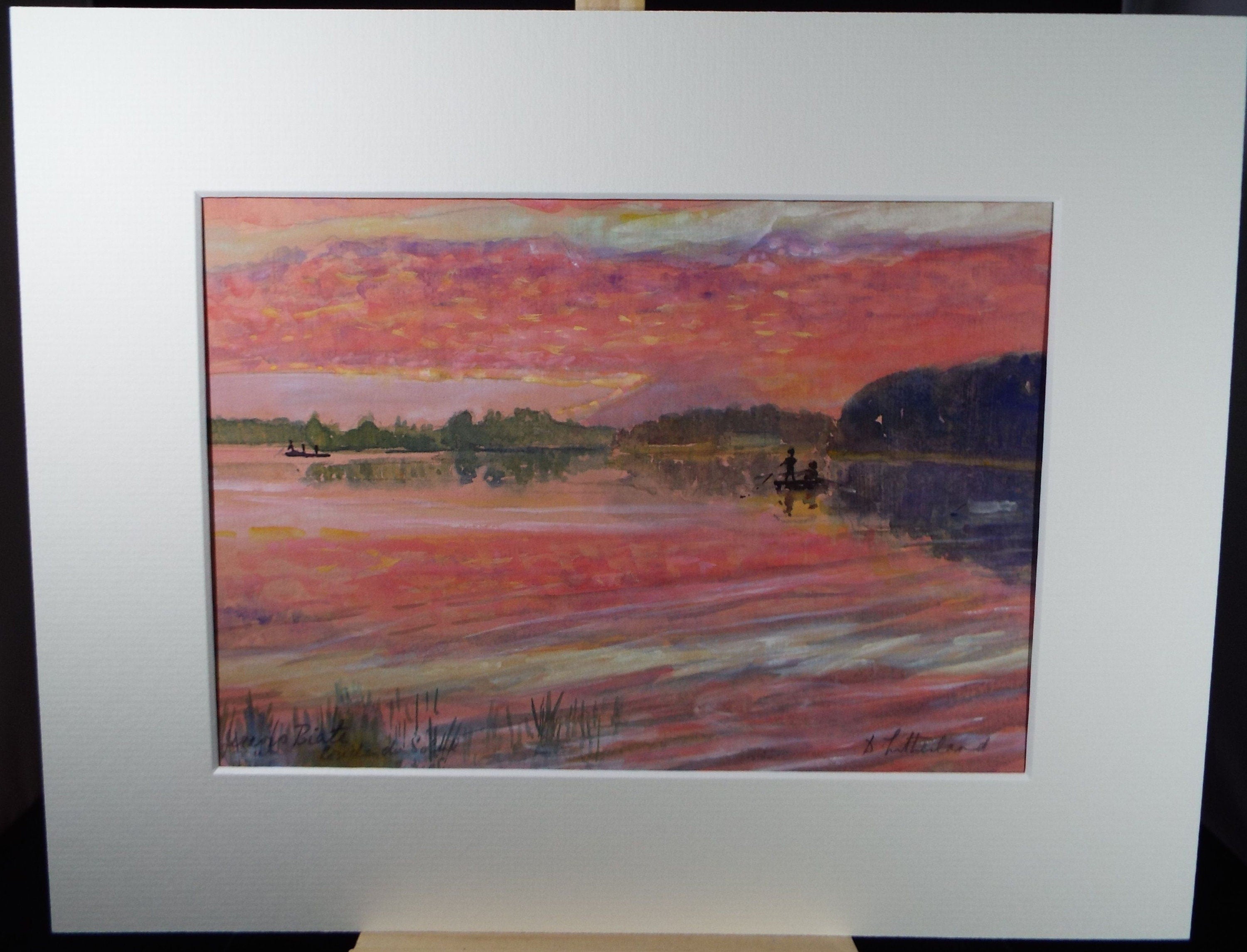 Original Watercolour on Paper, 'Fishing at Sunset' circa 1980's, Dorothy Litherland