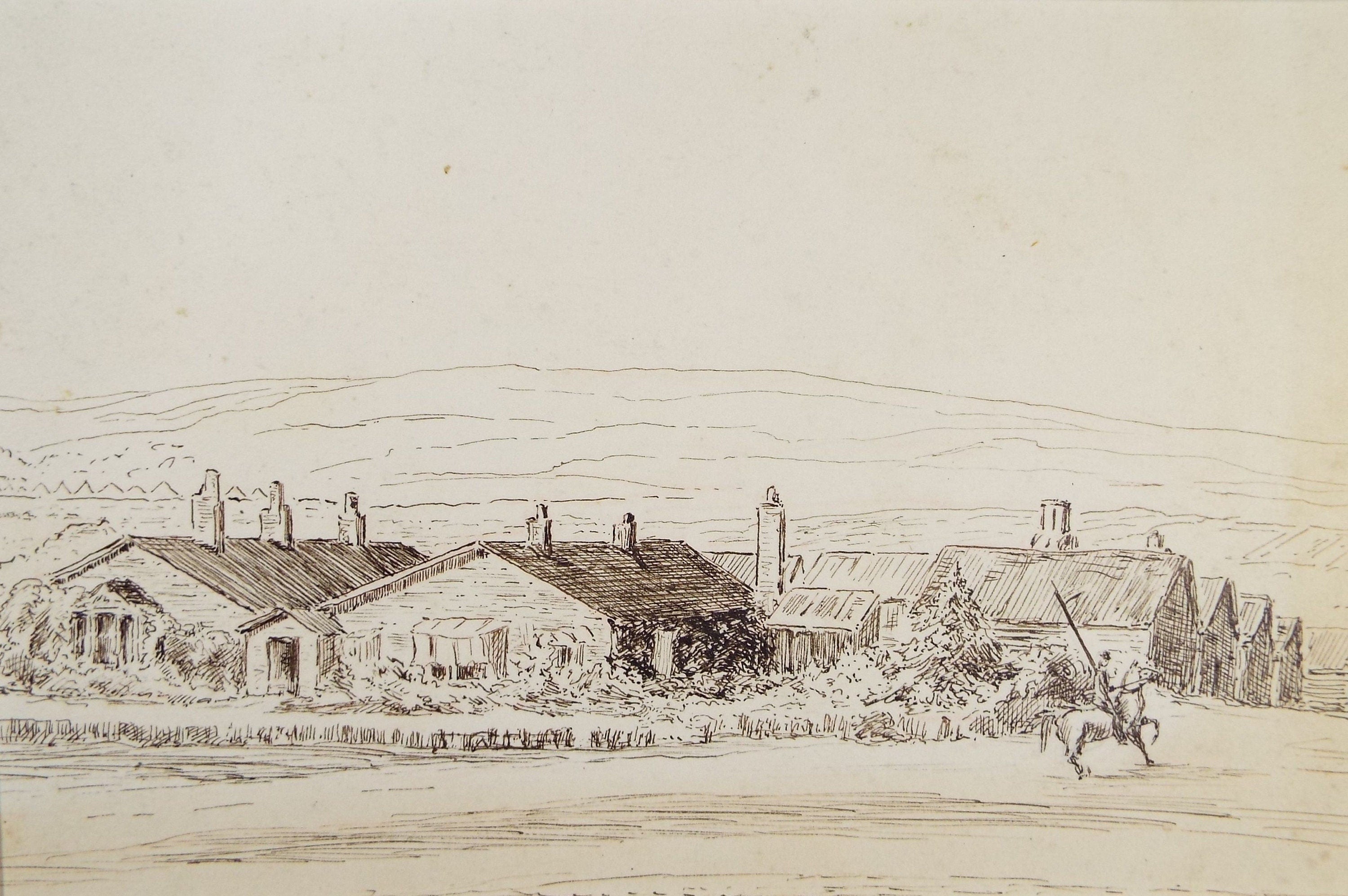 Original Pen & Ink, late 19th Century, ' Barracks with Mounted Figure', Unknown Artist