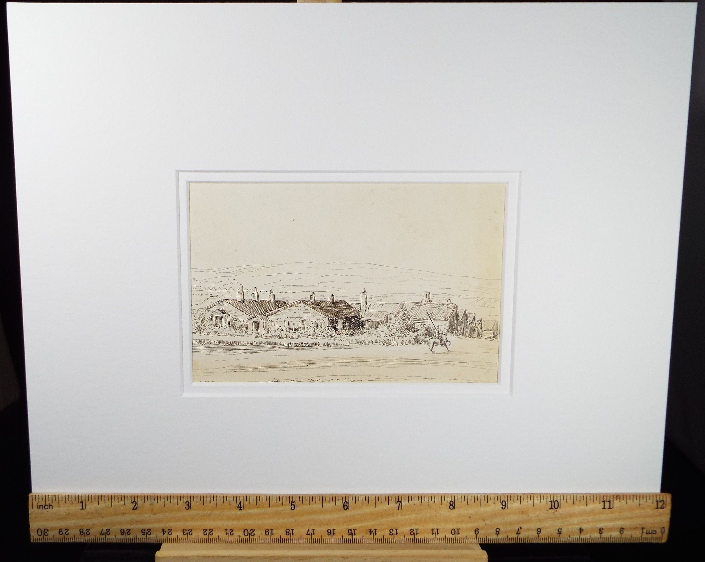 Original Pen & Ink, late 19th Century, ' Barracks with Mounted Figure', Unknown Artist