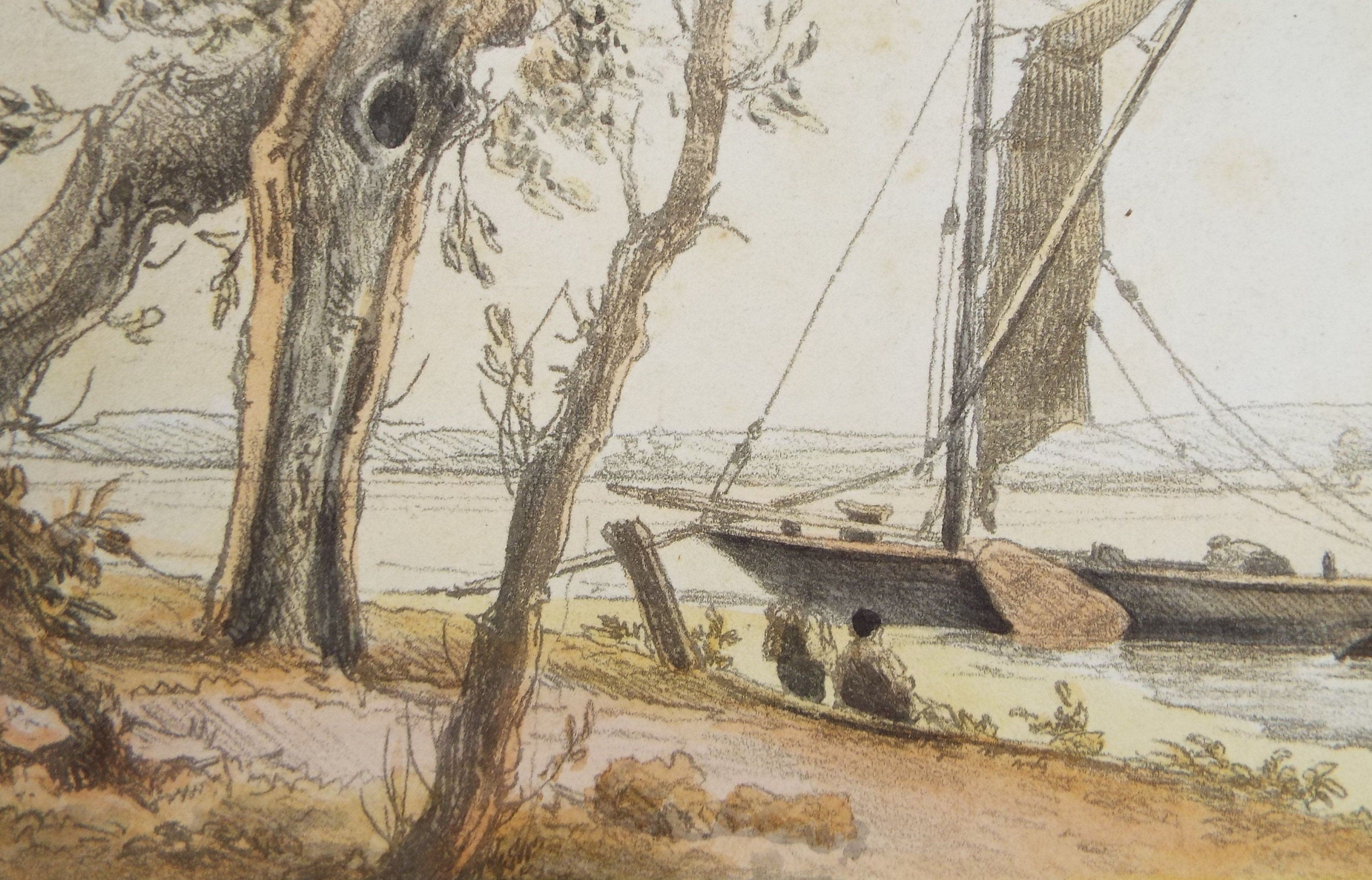 Original Pencil & Watercolour,'Sailing Boat with Figures', Artist Unknown, Late 19th Century