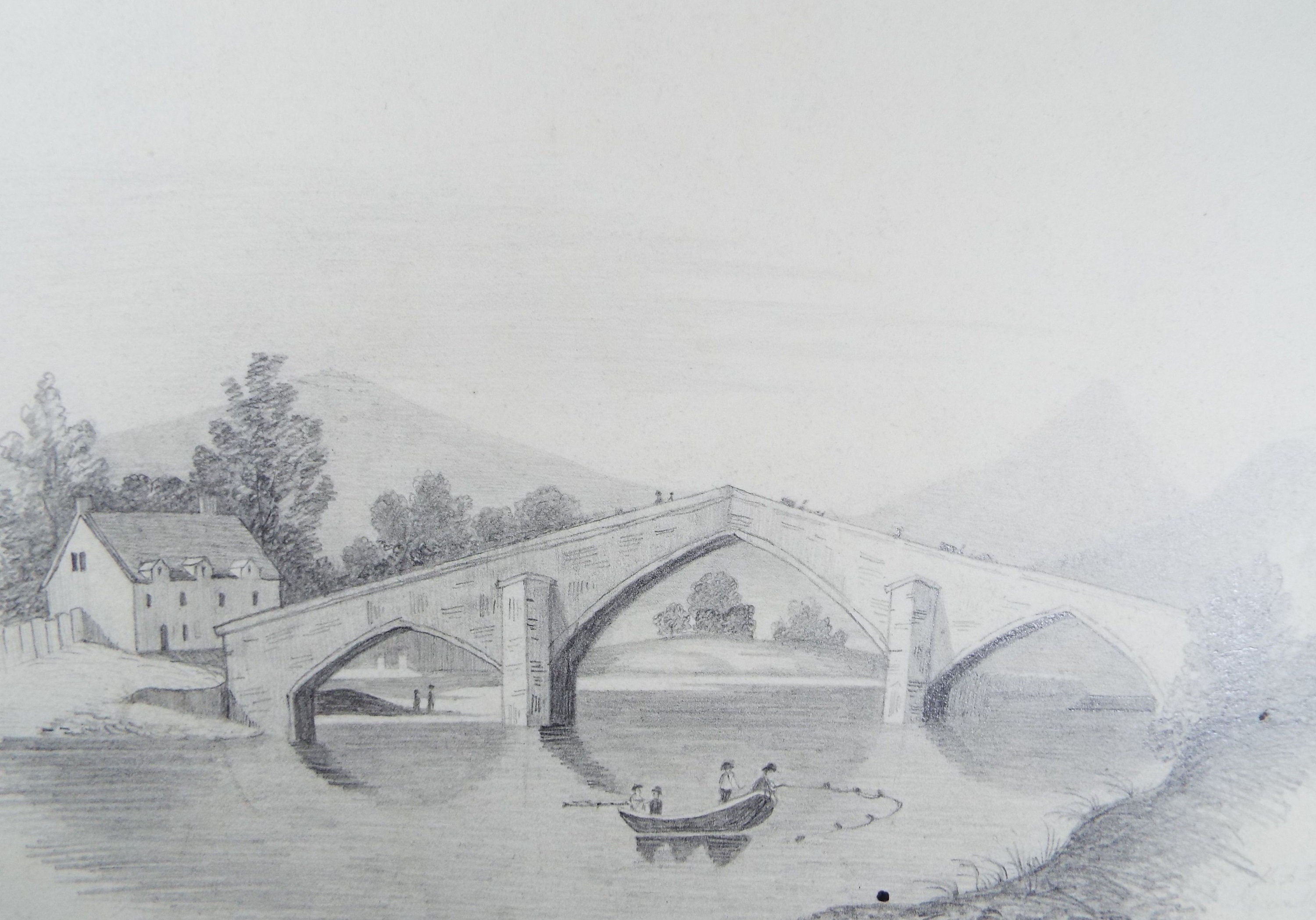 Original Pencil Drawing, 'Fishing below the Bridge', Late 19th Century, Artist Unknown