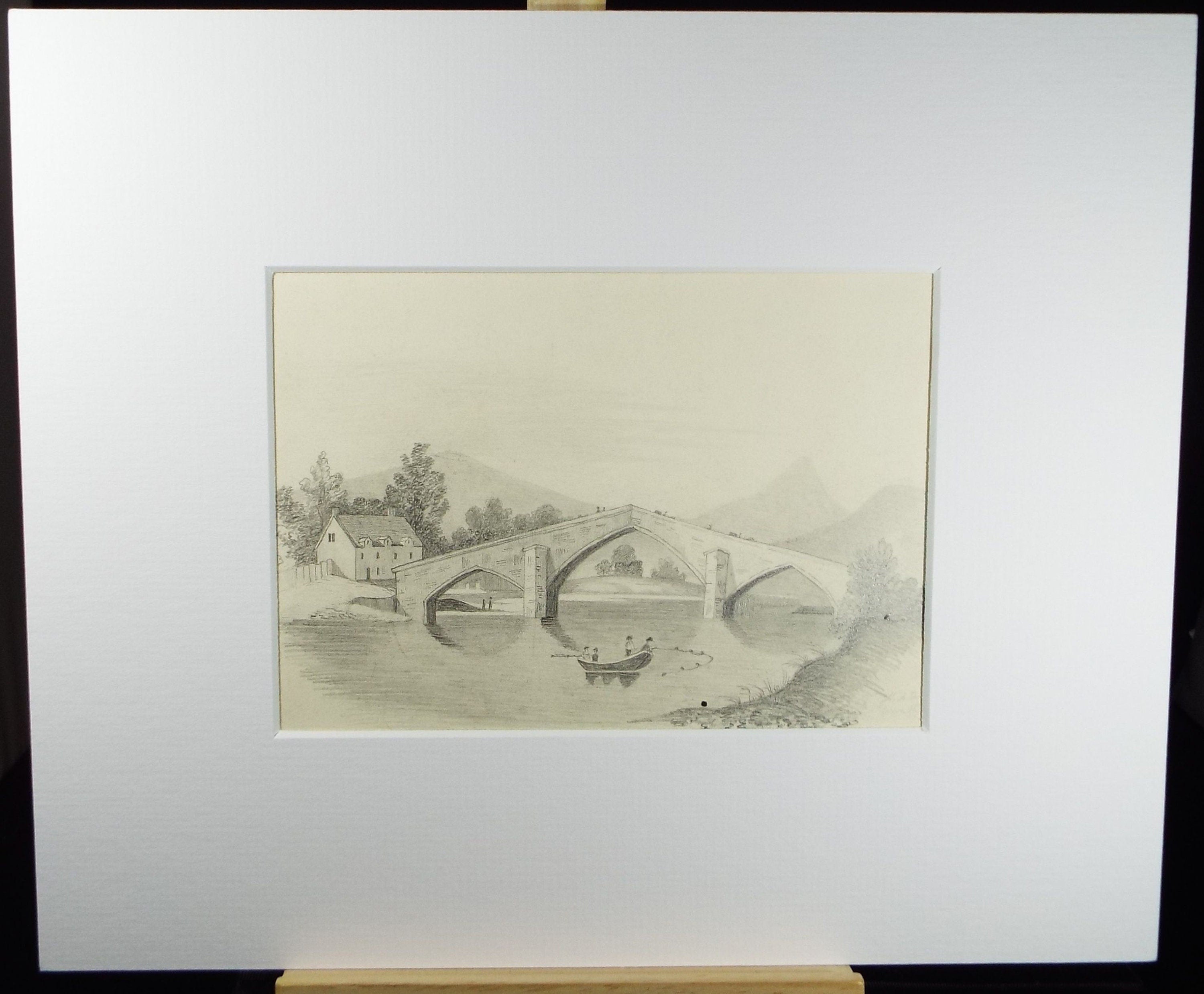 Original Pencil Drawing, 'Fishing below the Bridge', Late 19th Century, Artist Unknown