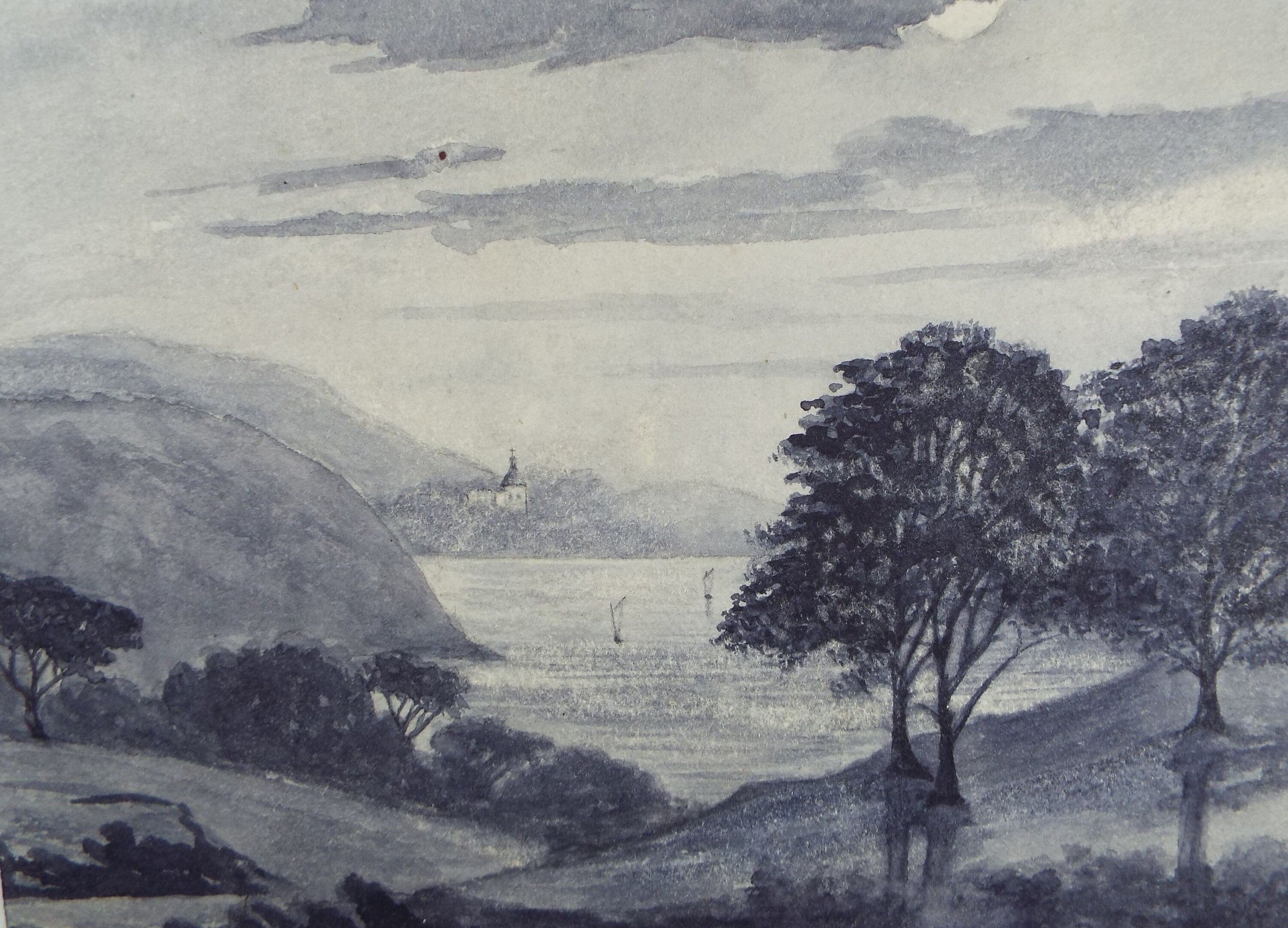 Original Watercolour, 'Lake view with hills', Late 19th Century, Artist Unknown