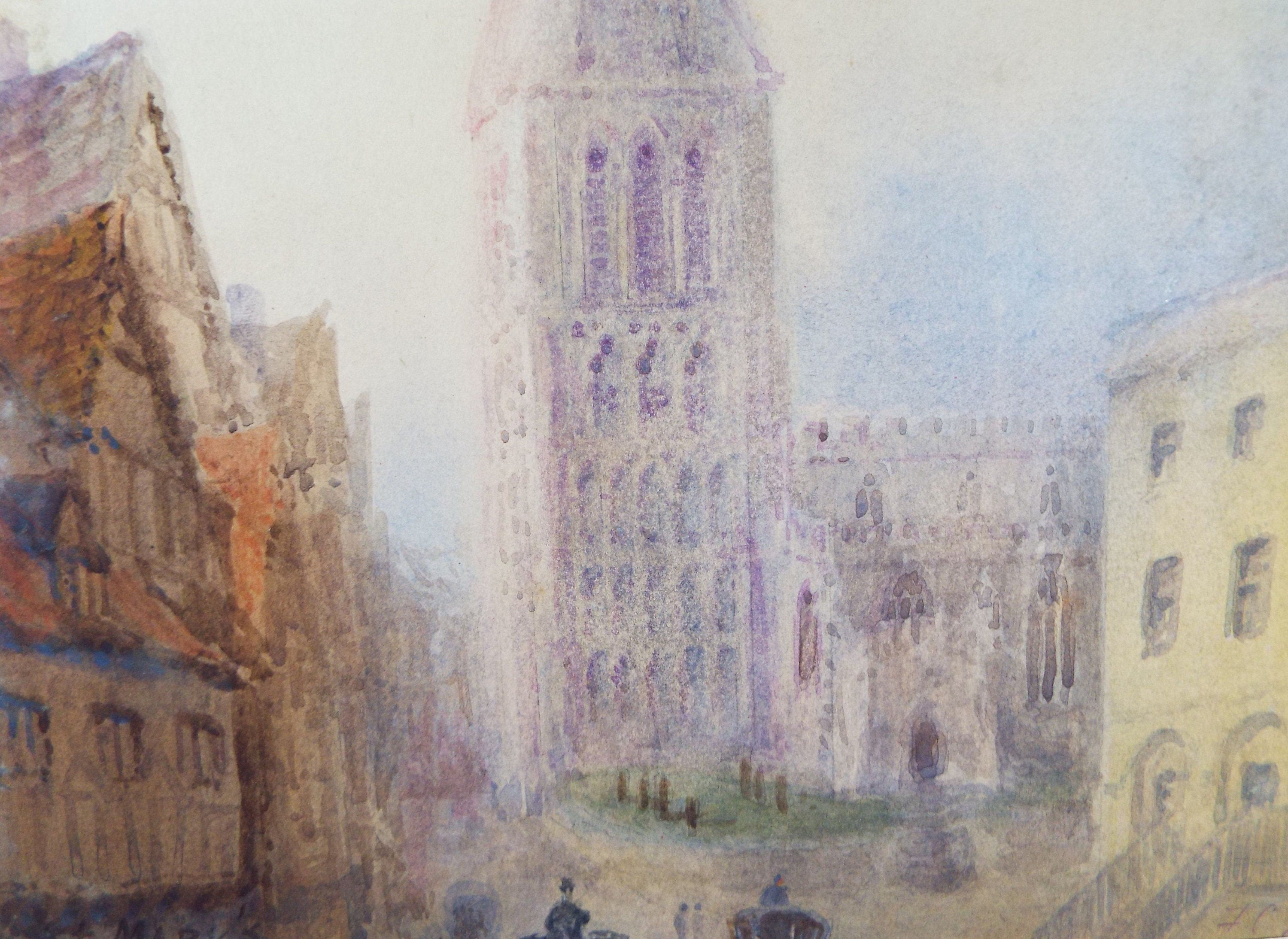 Original Watercolour, late 19th Century , 'Continental Street scene with Church' Artist Unknown