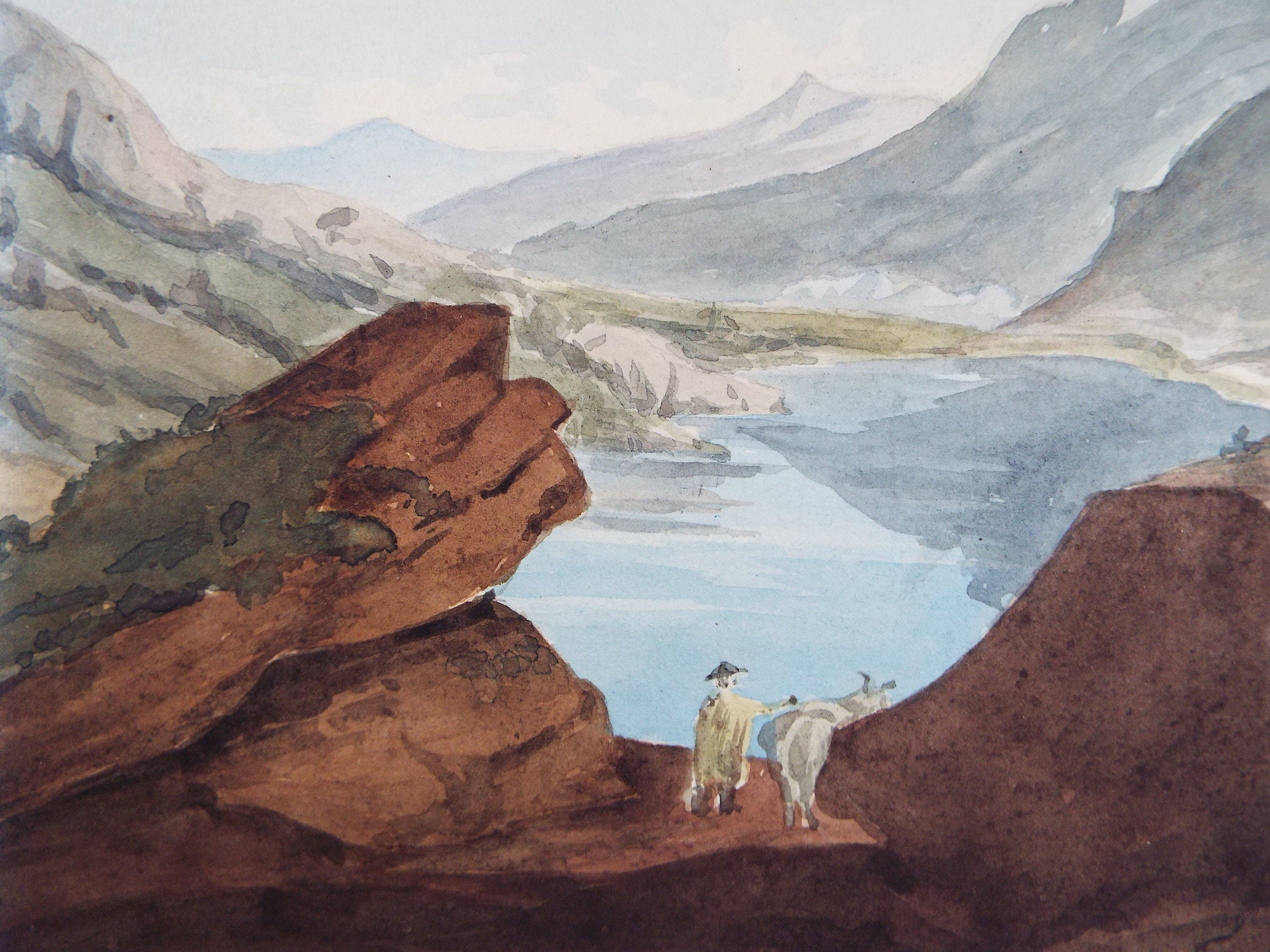 Original Watercolour, late 19th Century,'Figures above the Lake', Artist unknown