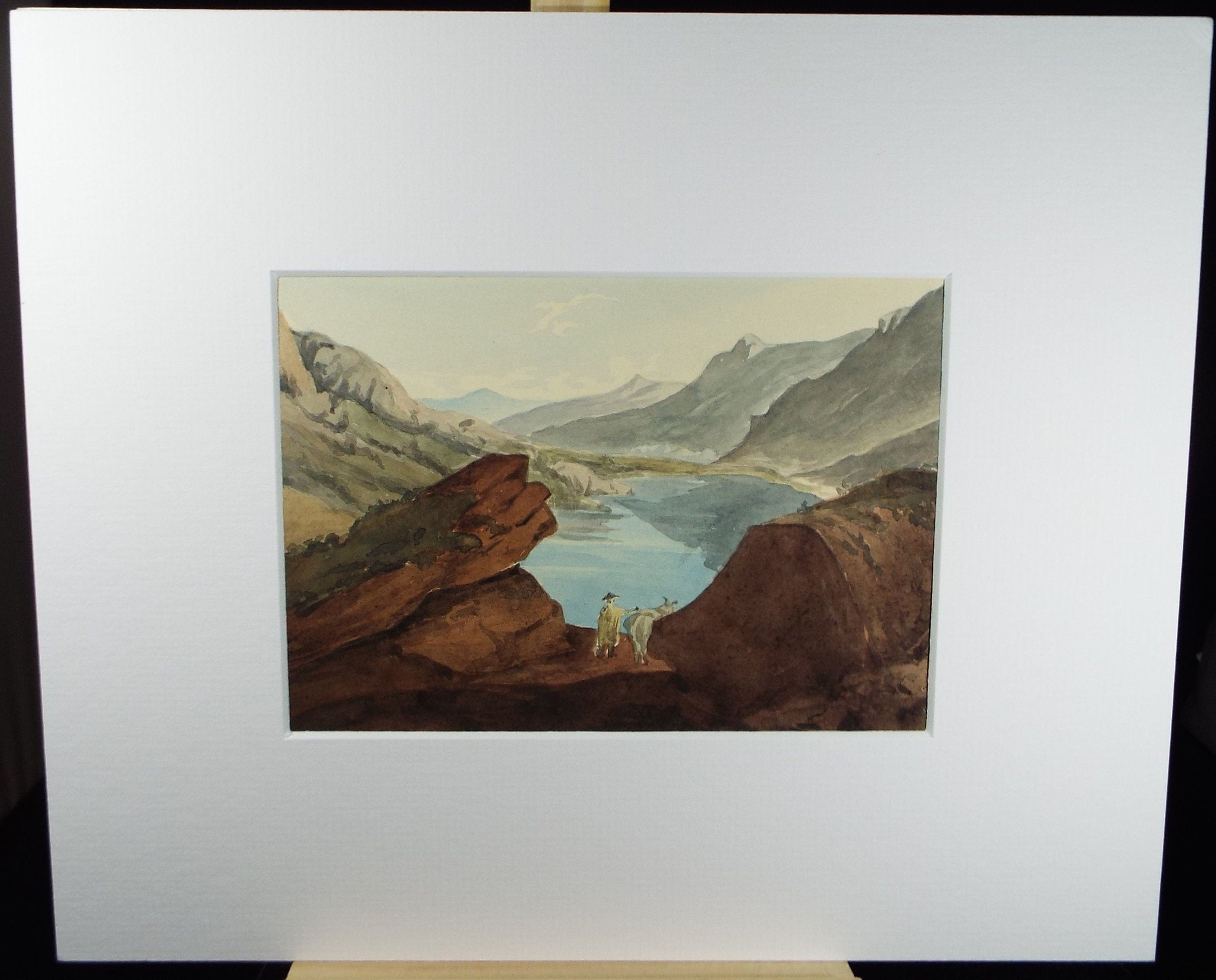 Original Watercolour, late 19th Century,'Figures above the Lake', Artist unknown