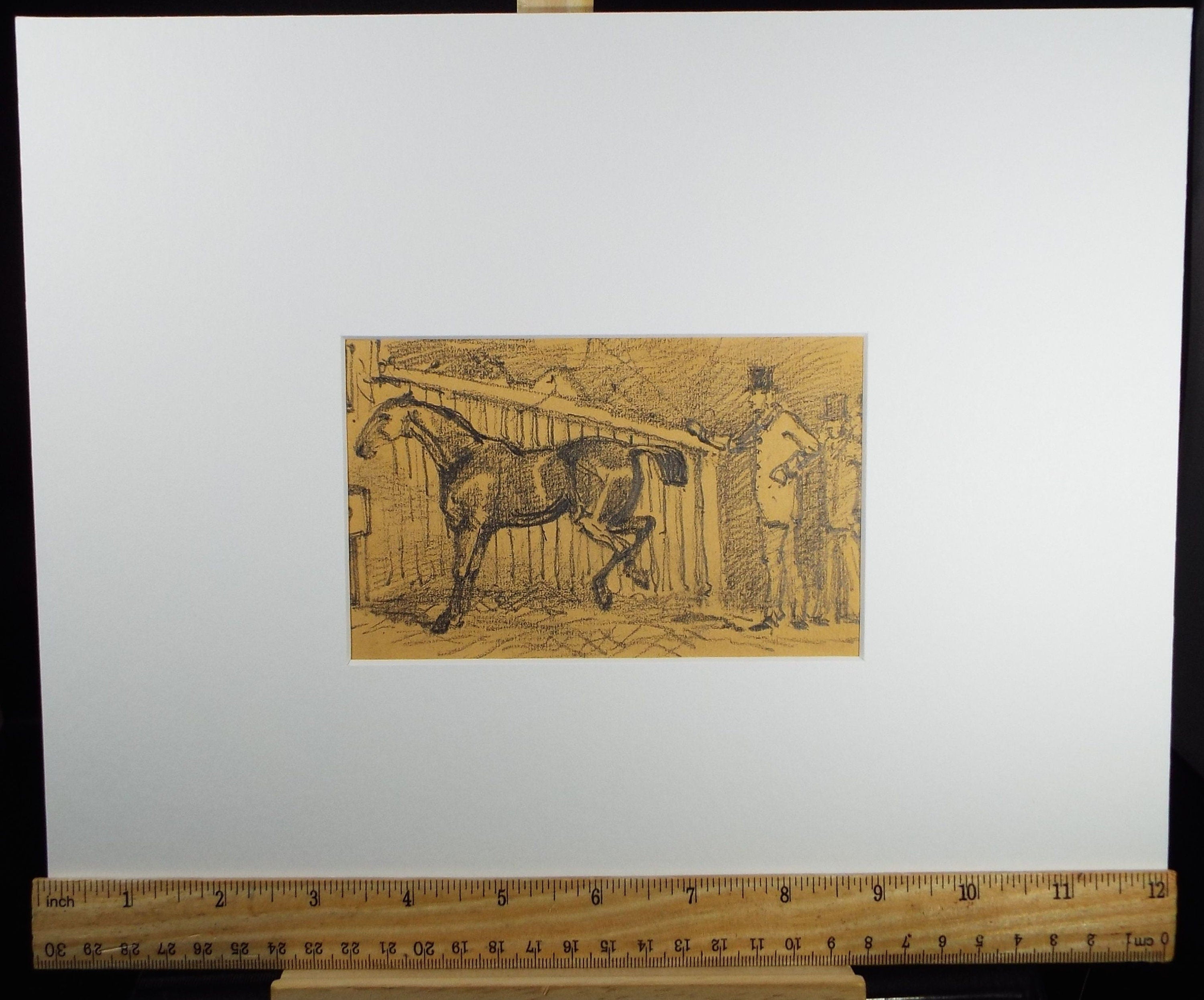 Original Pencil Drawing, 'Horse in the stalls with figures', Elizabeth Blommart, c1860's