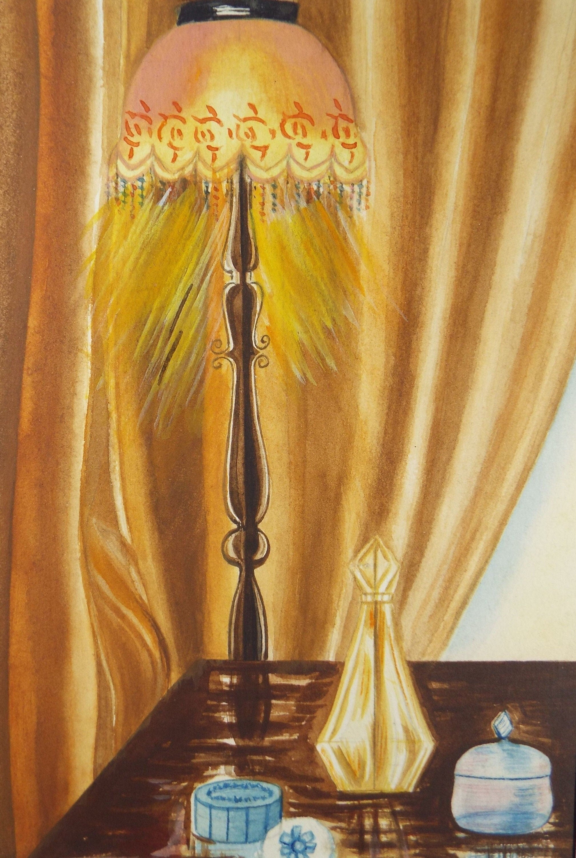 Original Watercolour, 'Table Lamp with Perfume Bottles', Circa 1940's, Artist Unknown