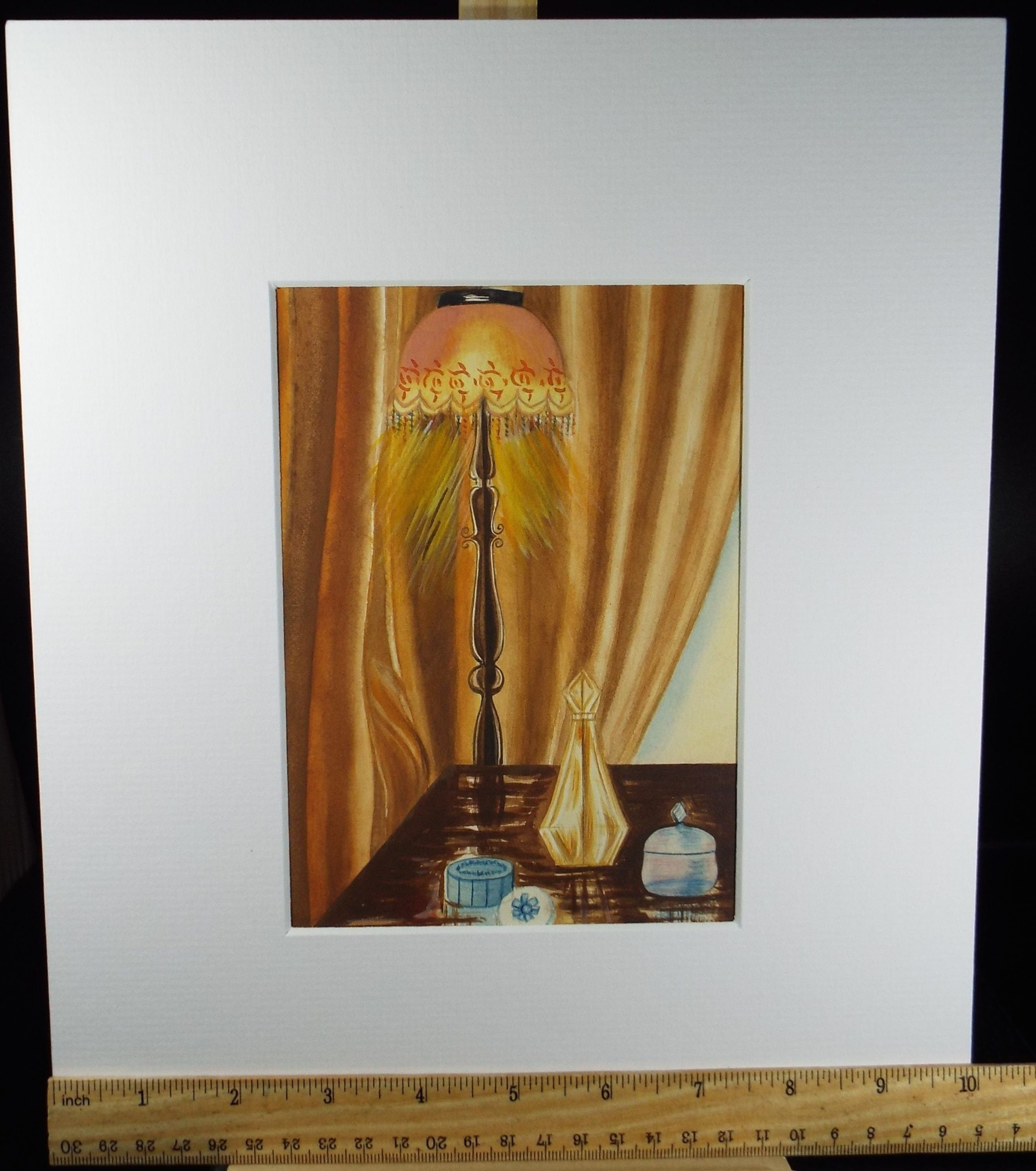 Original Watercolour, 'Table Lamp with Perfume Bottles', Circa 1940's, Artist Unknown