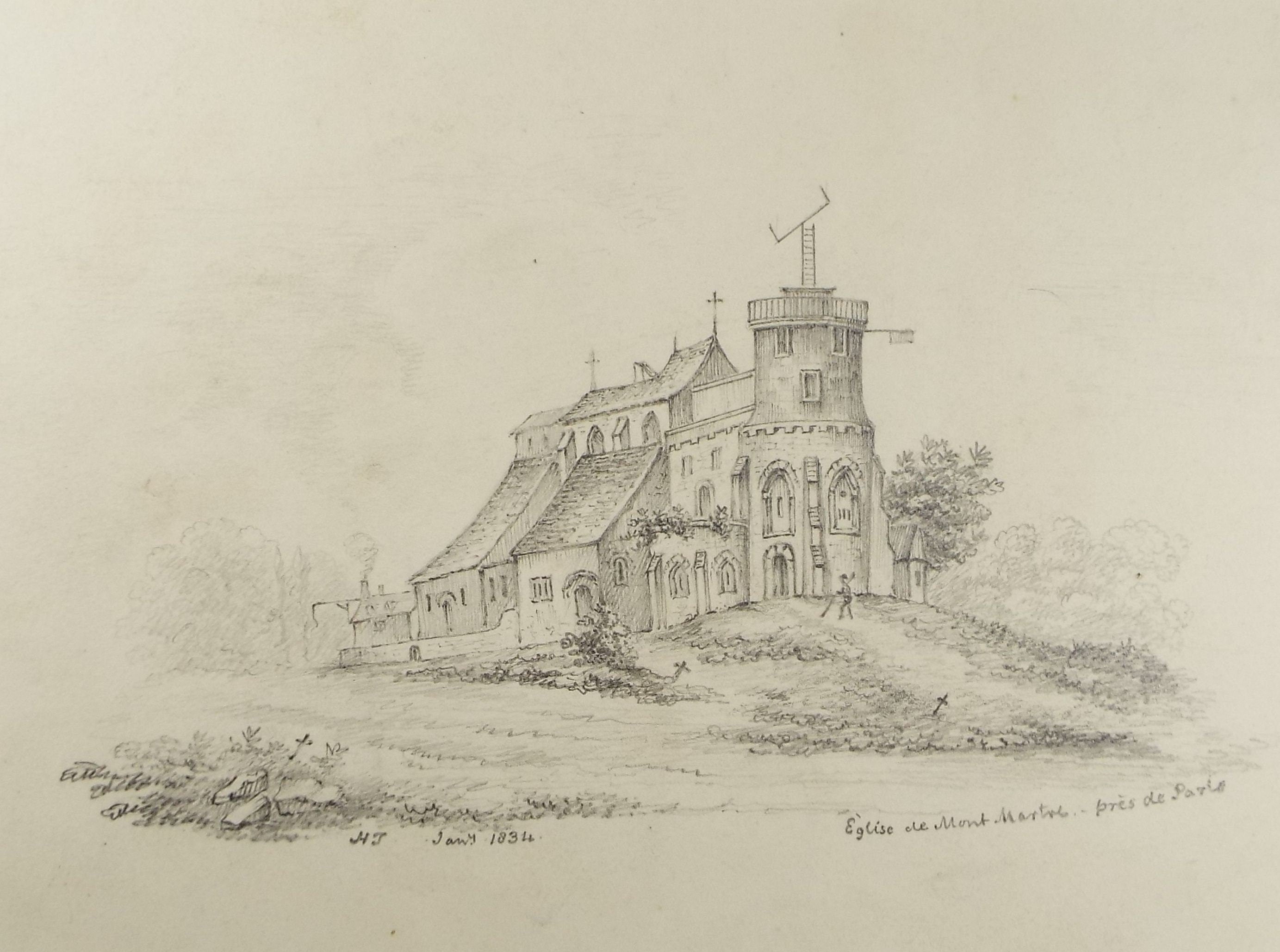 Original Pencil, 'Eglise Saint-Mar de Martel', Signed with initials HJ and dated 1834