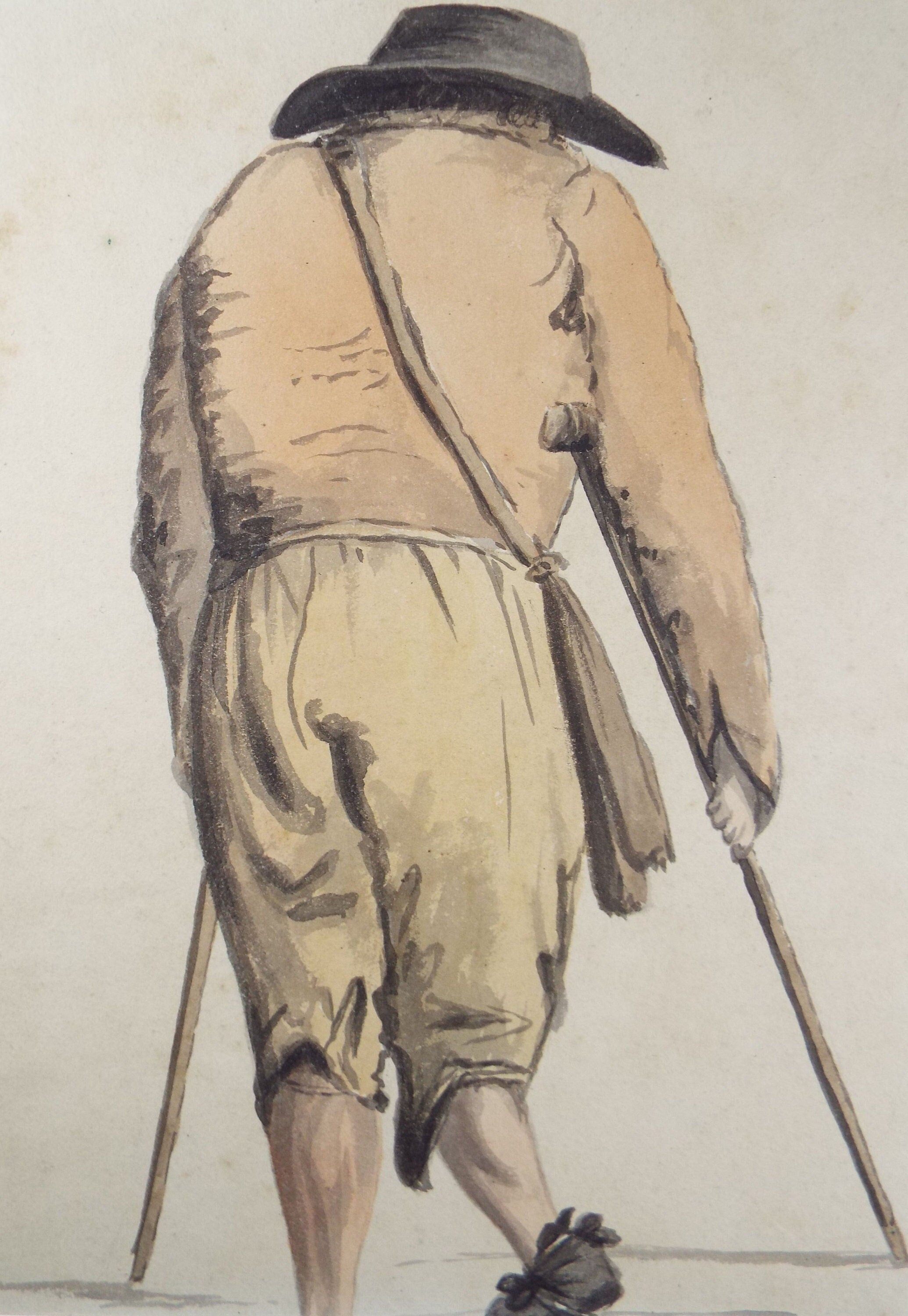 Original Watercolour, 'Crippled Man', Mid 19th Century, Artist unknown