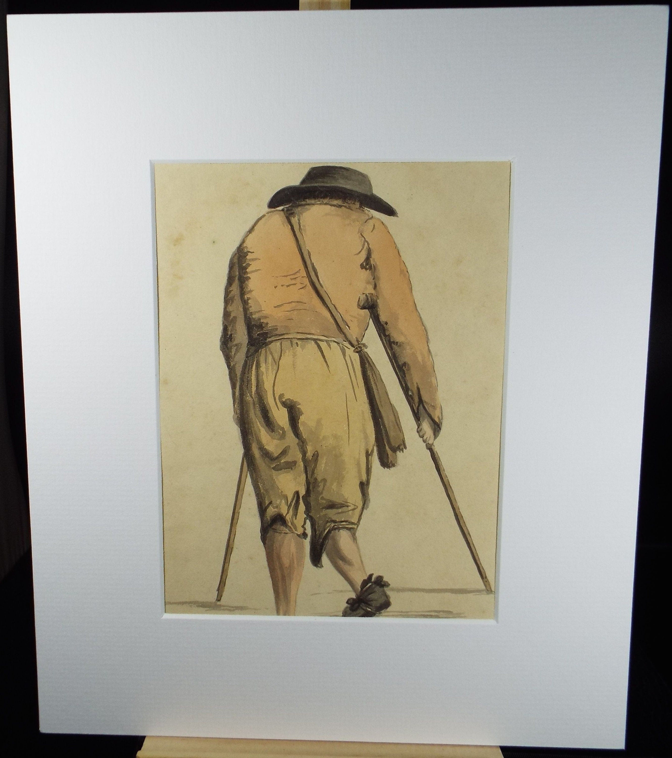 Original Watercolour, 'Crippled Man', Mid 19th Century, Artist unknown