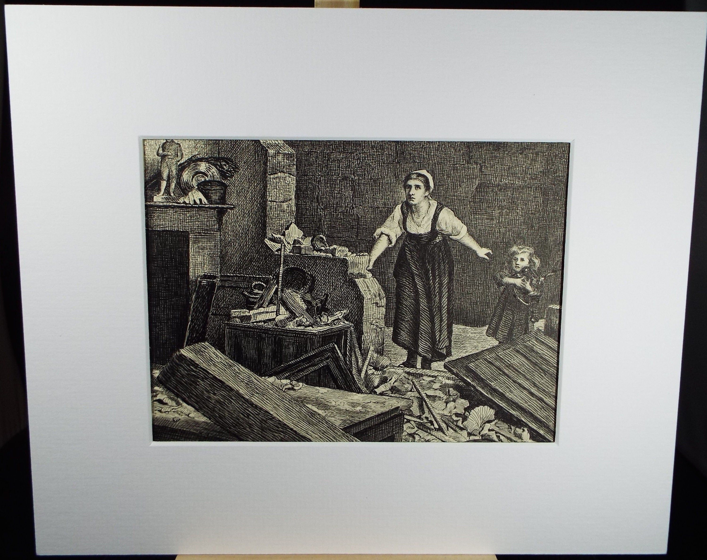 Original Pen & Ink, 'Figures in a Damaged Room , Dated 1915,  Artist unknown