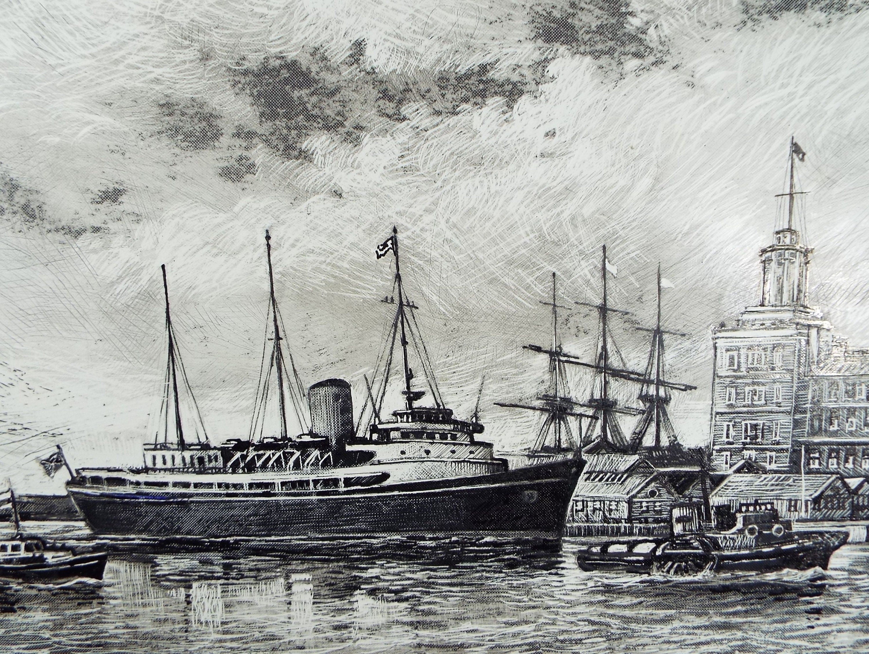 Original Drawing on Scraper Board, 'Britannia in Portsmouth Harbour',  1985, David Beer b1936