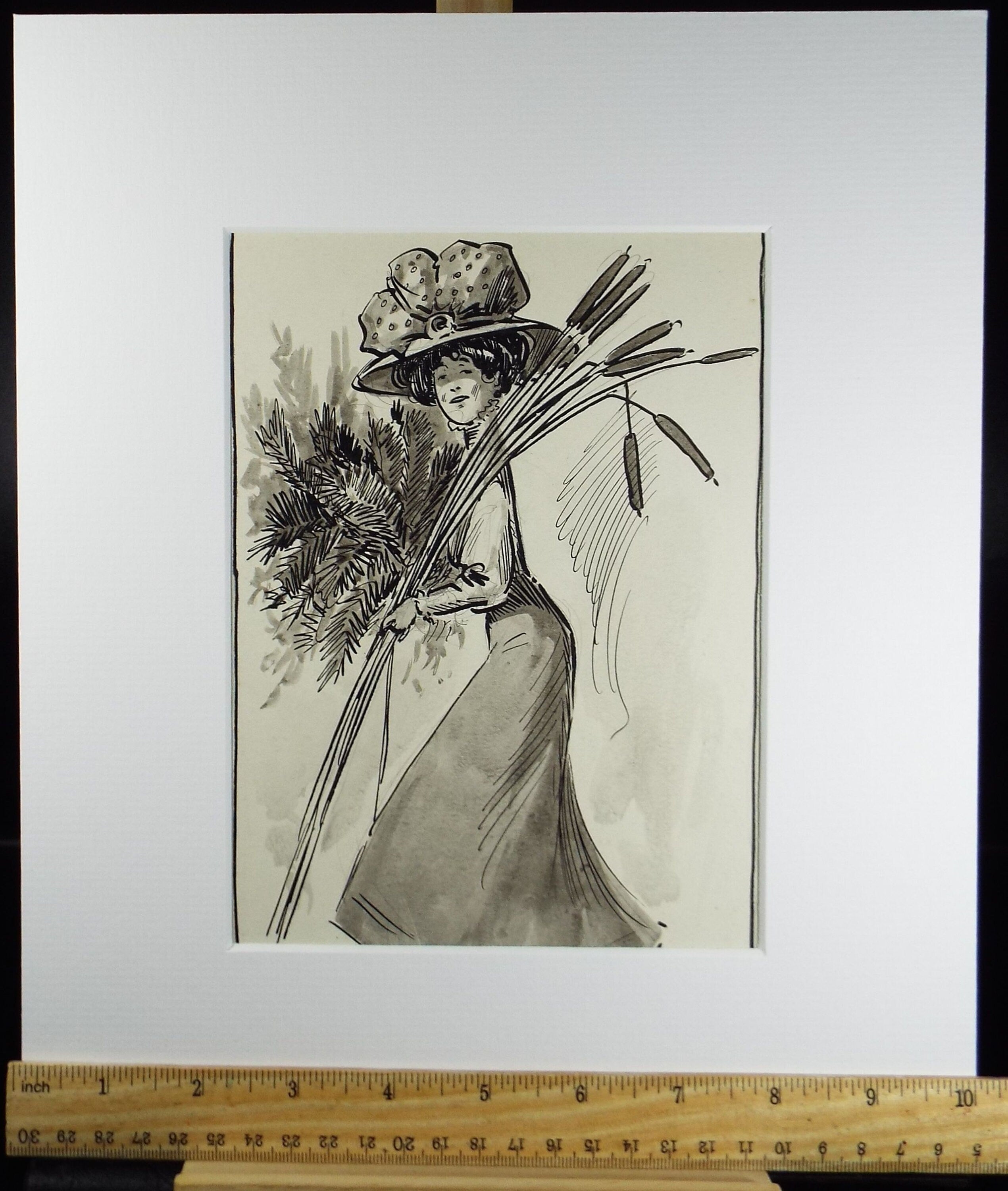 Original ink and wash 'Edwardian Woman with Ferns and Bull Rushes', Artist Unknown, circa 1915