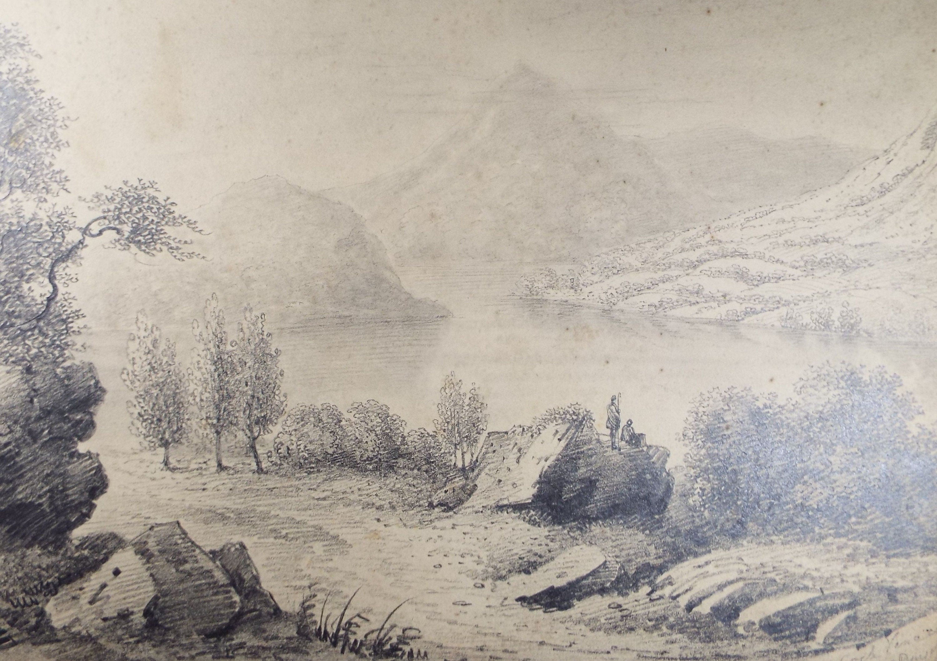 Original Pencil Drawing,'Scottish Loch with Figures', John Cart Burgess (1798-1863), Dated 1831