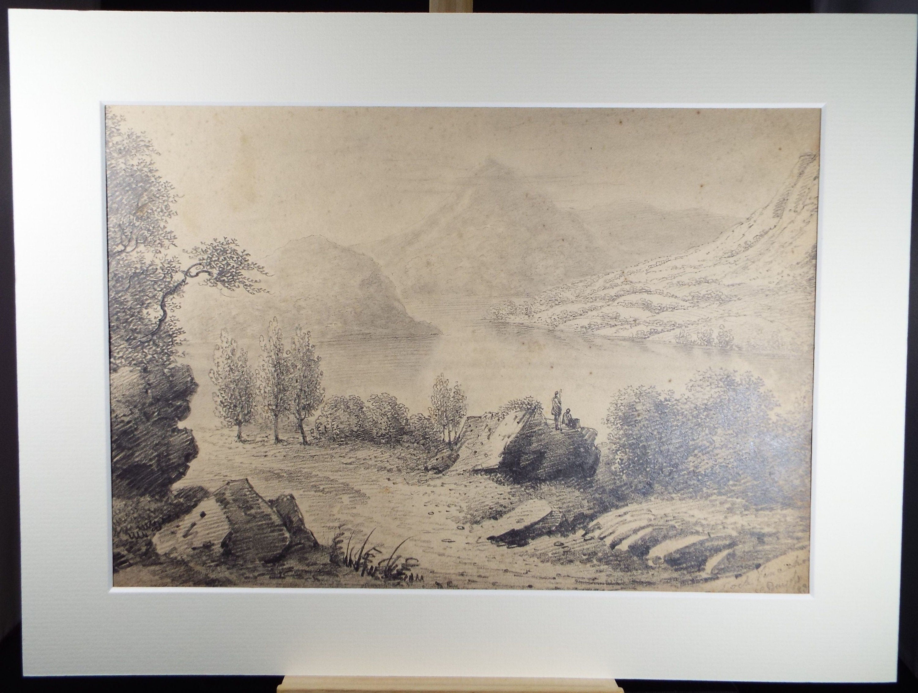 Original Pencil Drawing,'Scottish Loch with Figures', John Cart Burgess (1798-1863), Dated 1831