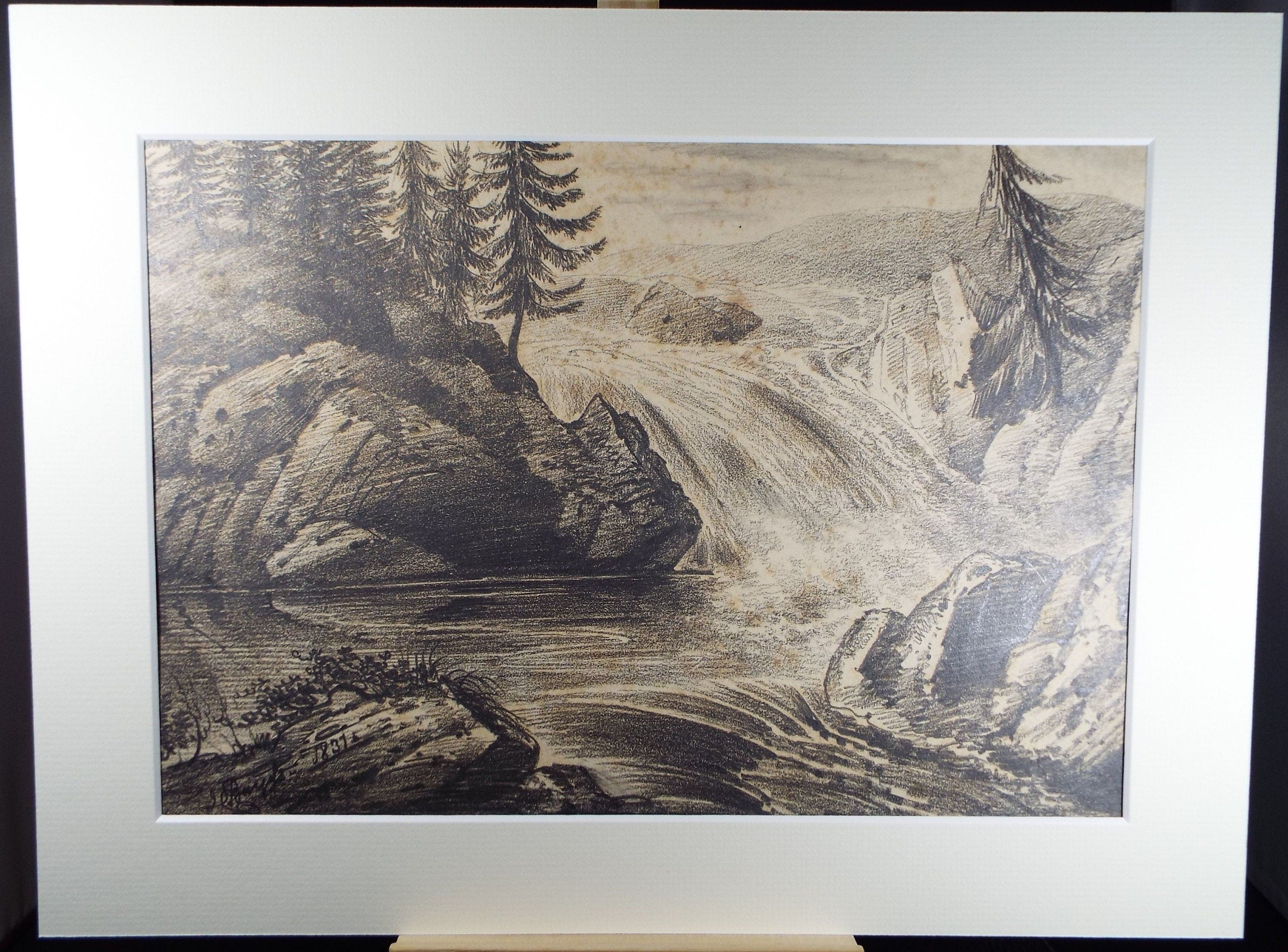 Original Pencil Drawing,'The Cascade', John Cart Burgess (1798-1863), dated 1831