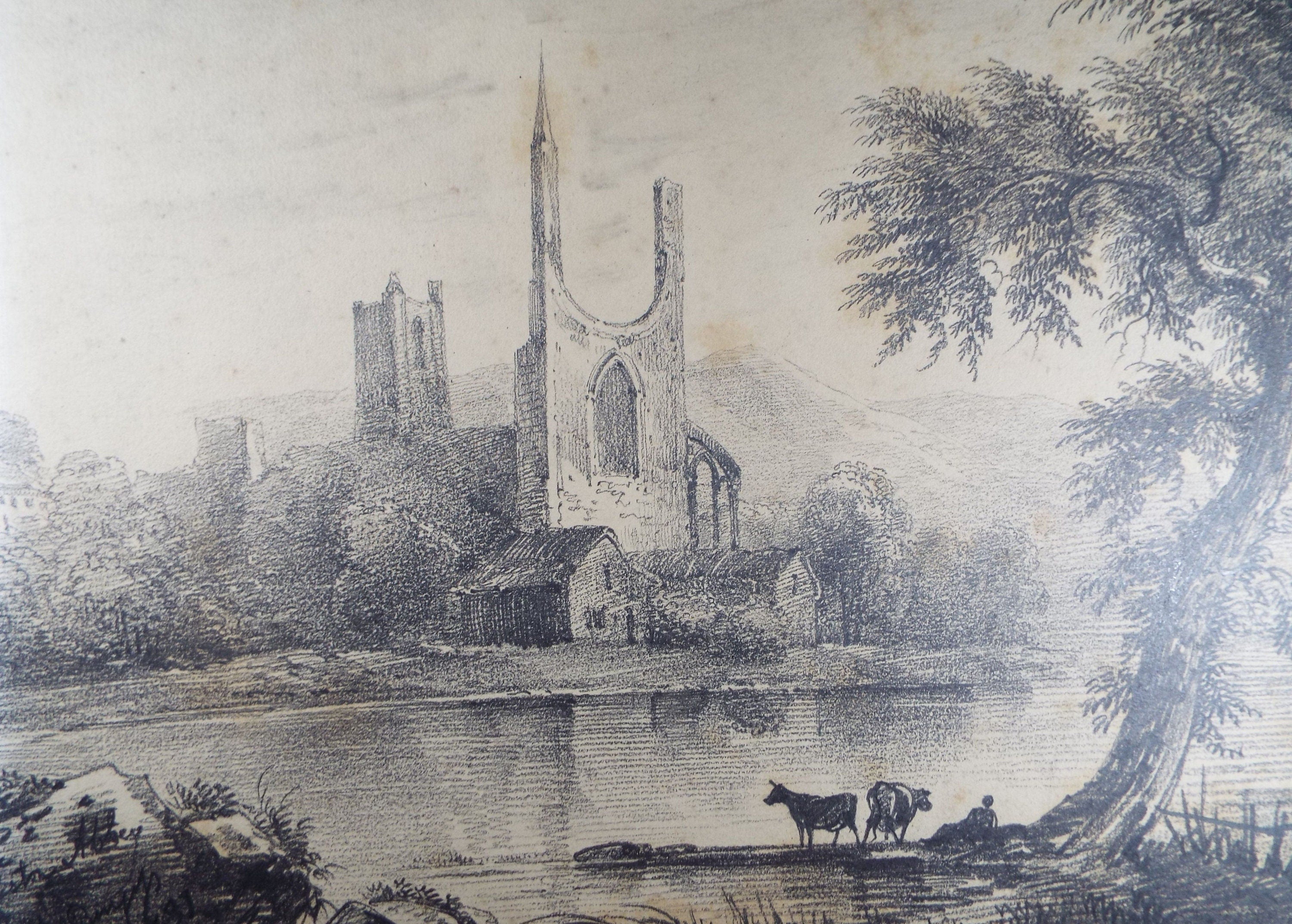 Original Pencil Drawing,'Abbey Ruins with Cattle & Figures', John Cart Burgess (1798-1863), Circa 1831