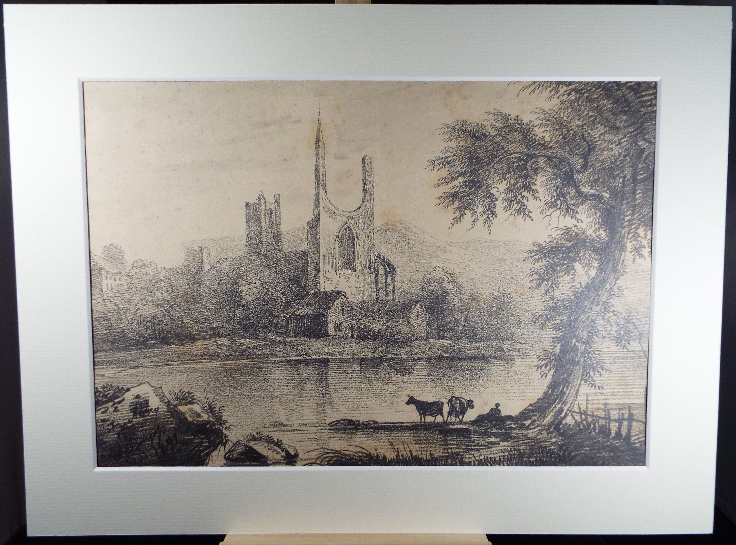 Original Pencil Drawing,'Abbey Ruins with Cattle & Figures', John Cart Burgess (1798-1863), Circa 1831