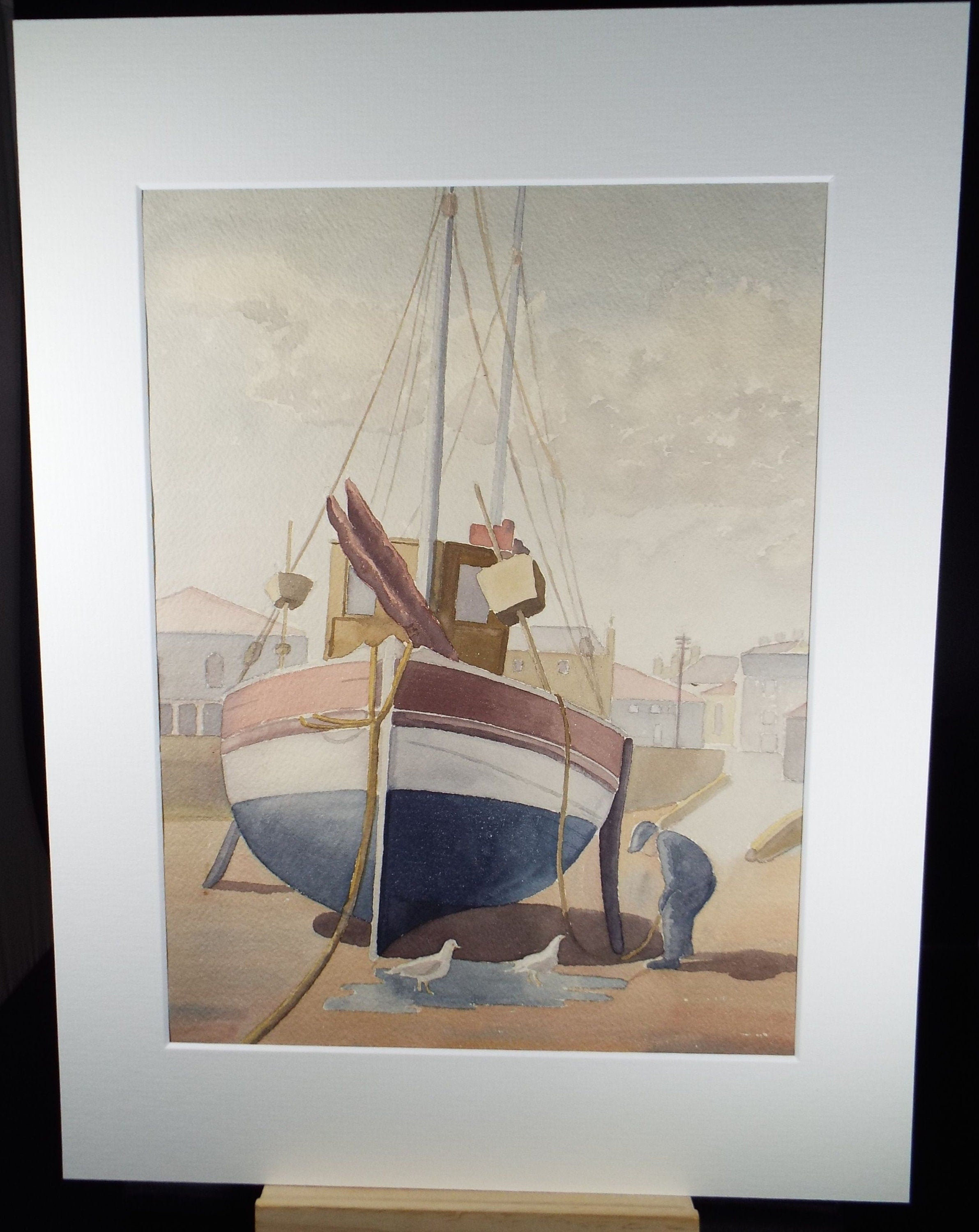 Original Watercolour, 'Fishingboat in the Harbour with figure', F Tinkler, circa 1940's