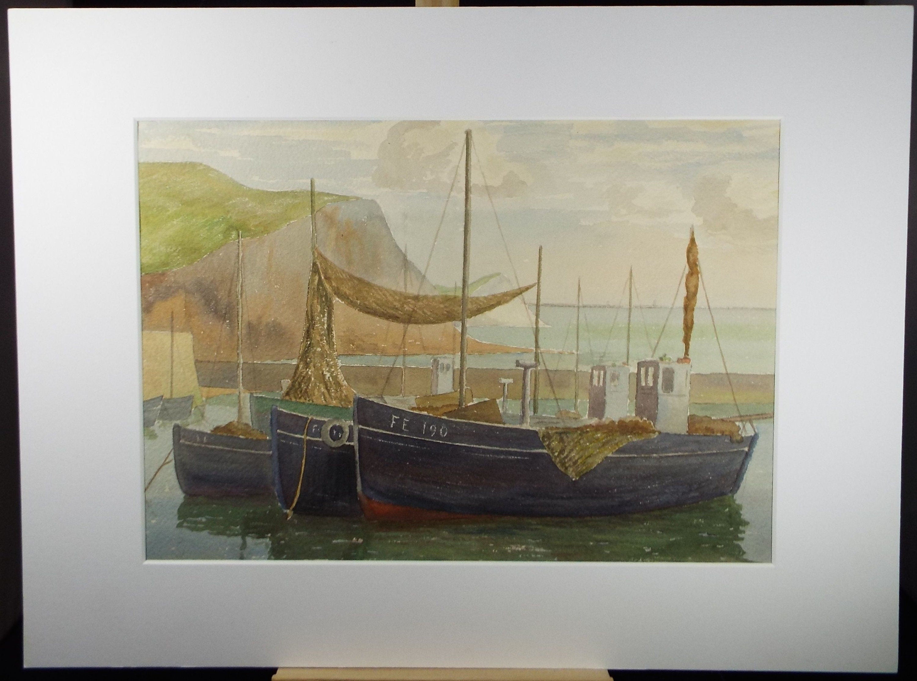 Original Watercolour, 'Fishingboats in the Harbour', F Tinkler, circa 1940's