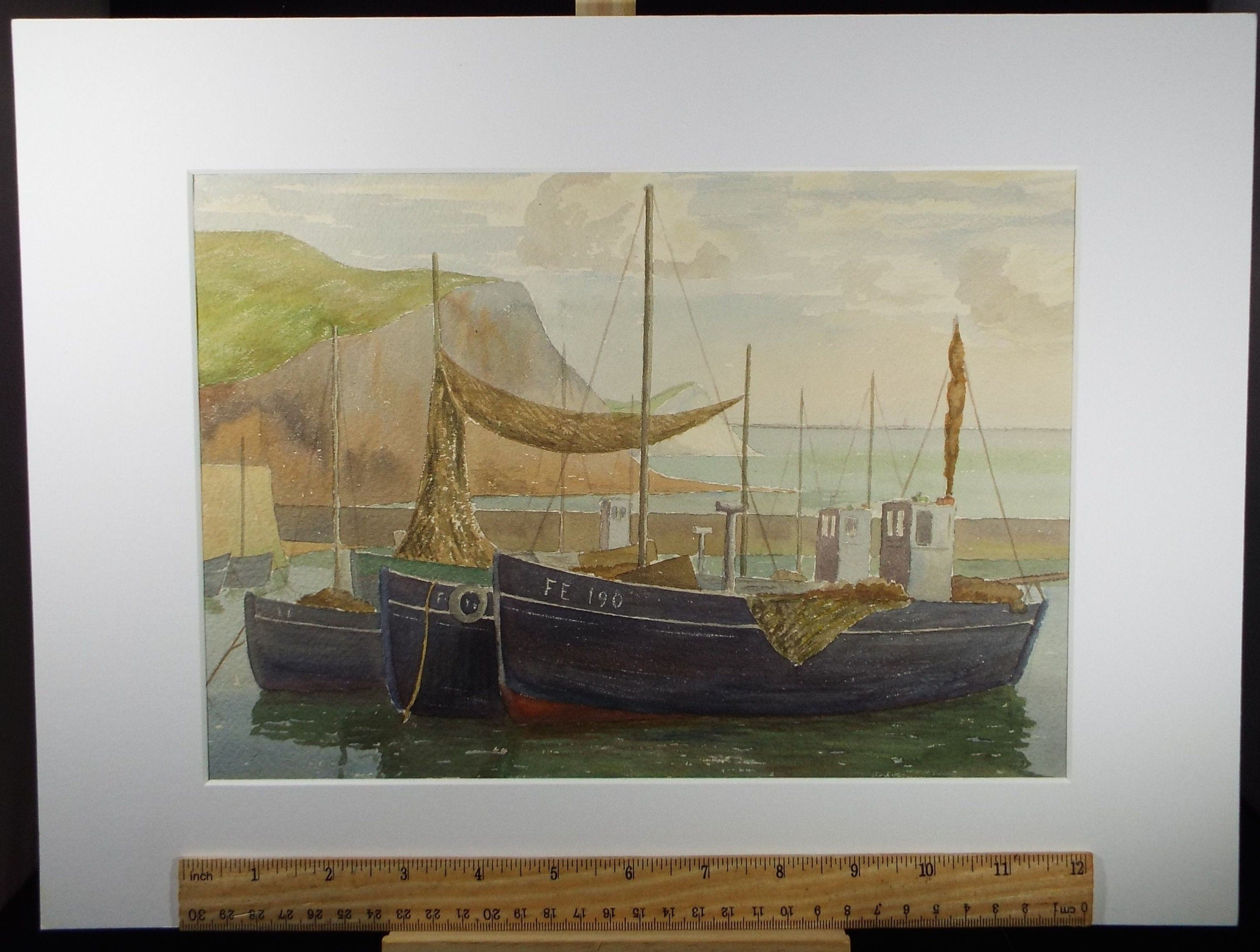 Original Watercolour, 'Fishingboats in the Harbour', F Tinkler, circa 1940's