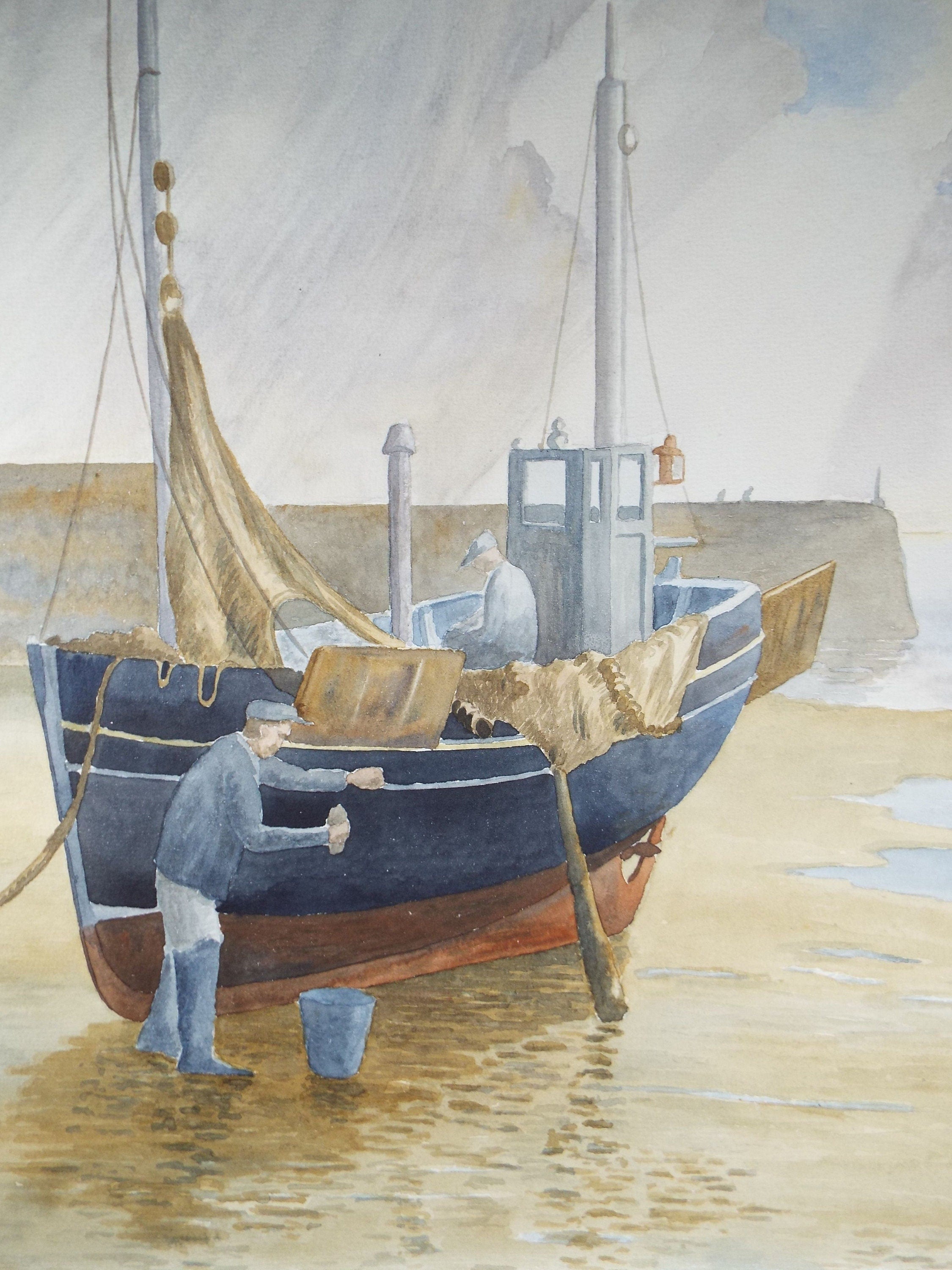 Original Watercolour, 'Fishingboat in the Harbour', F Tinkler, circa 1940's