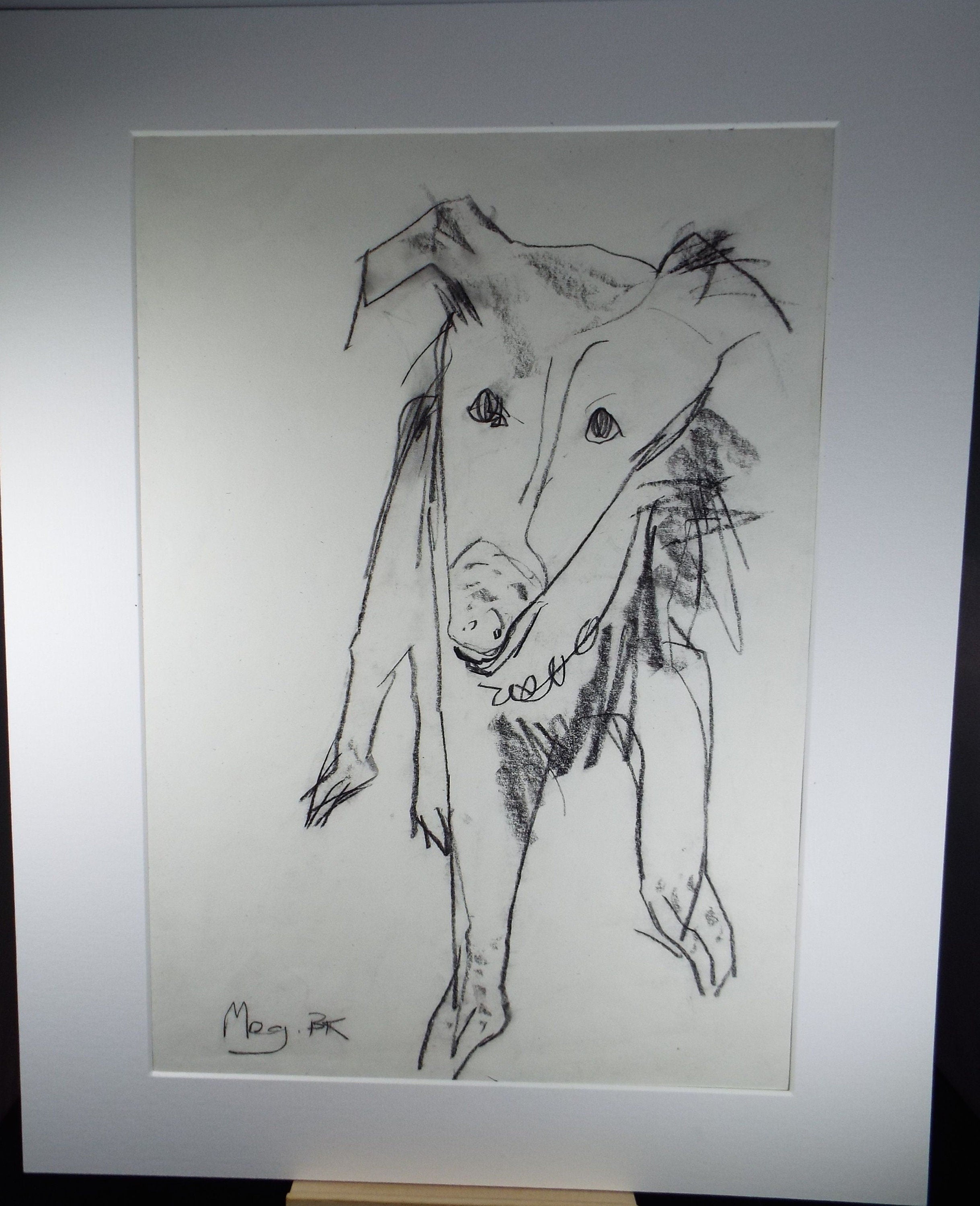 Barbara Karn (b1949) Original Charcoal/Conte Drawing ,'Meg- Portrait of a Terrier', Circa 2000, Signed lower left.