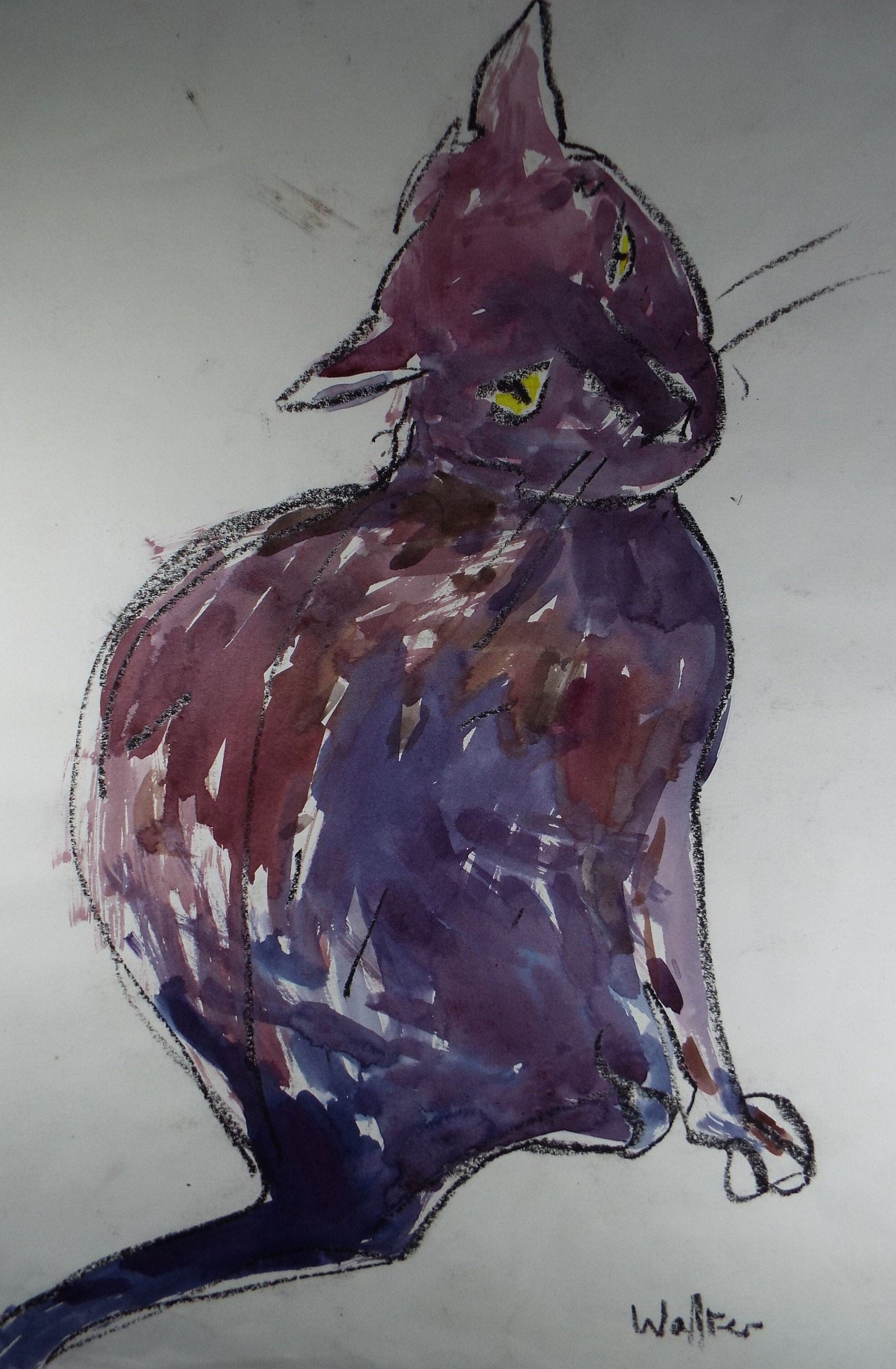 Barbara Karn (b1949) Original Charcoal & Watercolour Drawing ,'Walter - Portrait of a Cat', Circa 2000