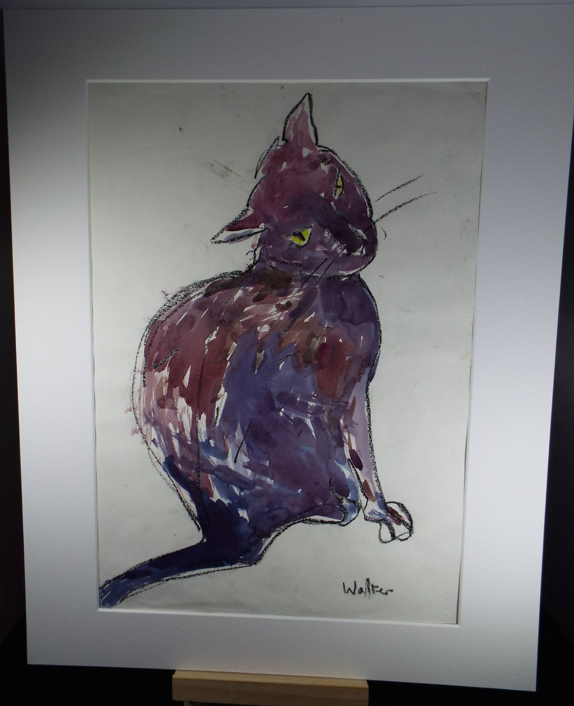 Barbara Karn (b1949) Original Charcoal & Watercolour Drawing ,'Walter - Portrait of a Cat', Circa 2000